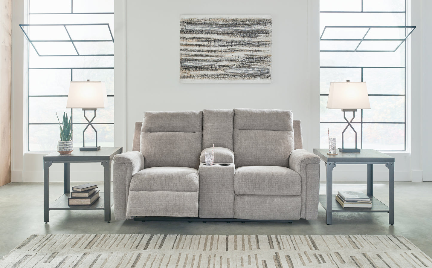 Cassel Furniture Outlet - Ashley Furniture - Barnsana Living Room - DBL REC PWR Loveseat w/Console / Ash - 3320196