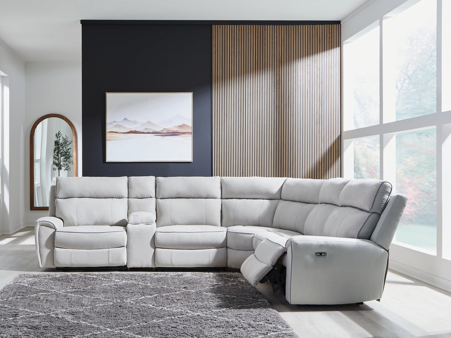 Cassel Furniture Outlet - Ashley Furniture - Social Pointe Sectional - 6-Piece Reclining Sectional with Storage Console / Pearl/Ash - PC98802S36