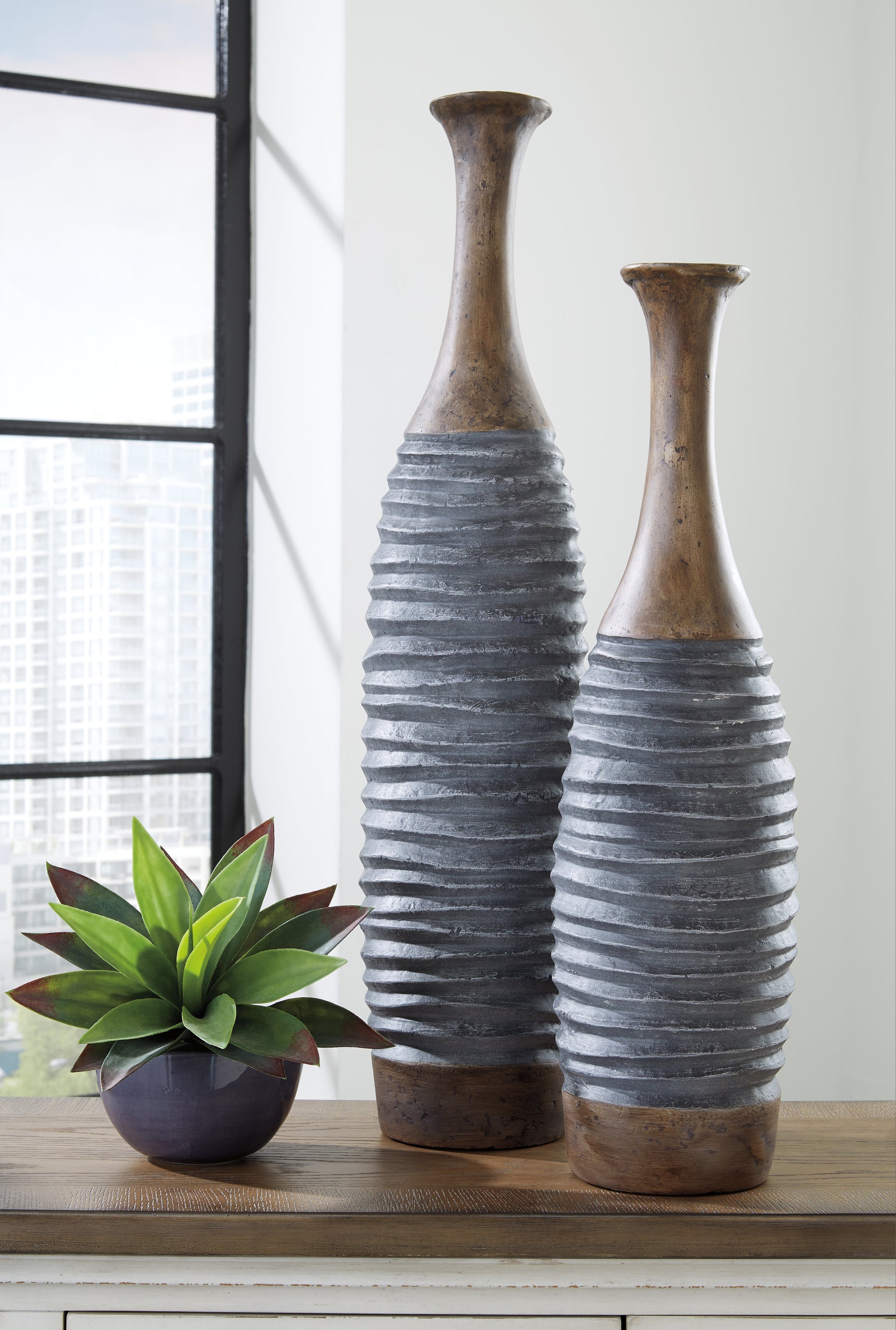 Cassel Furniture Outlet - Ashley Furniture - Blayze Vase - Vase Set (Set of 2) / Antique Gray/Brown - A2000388