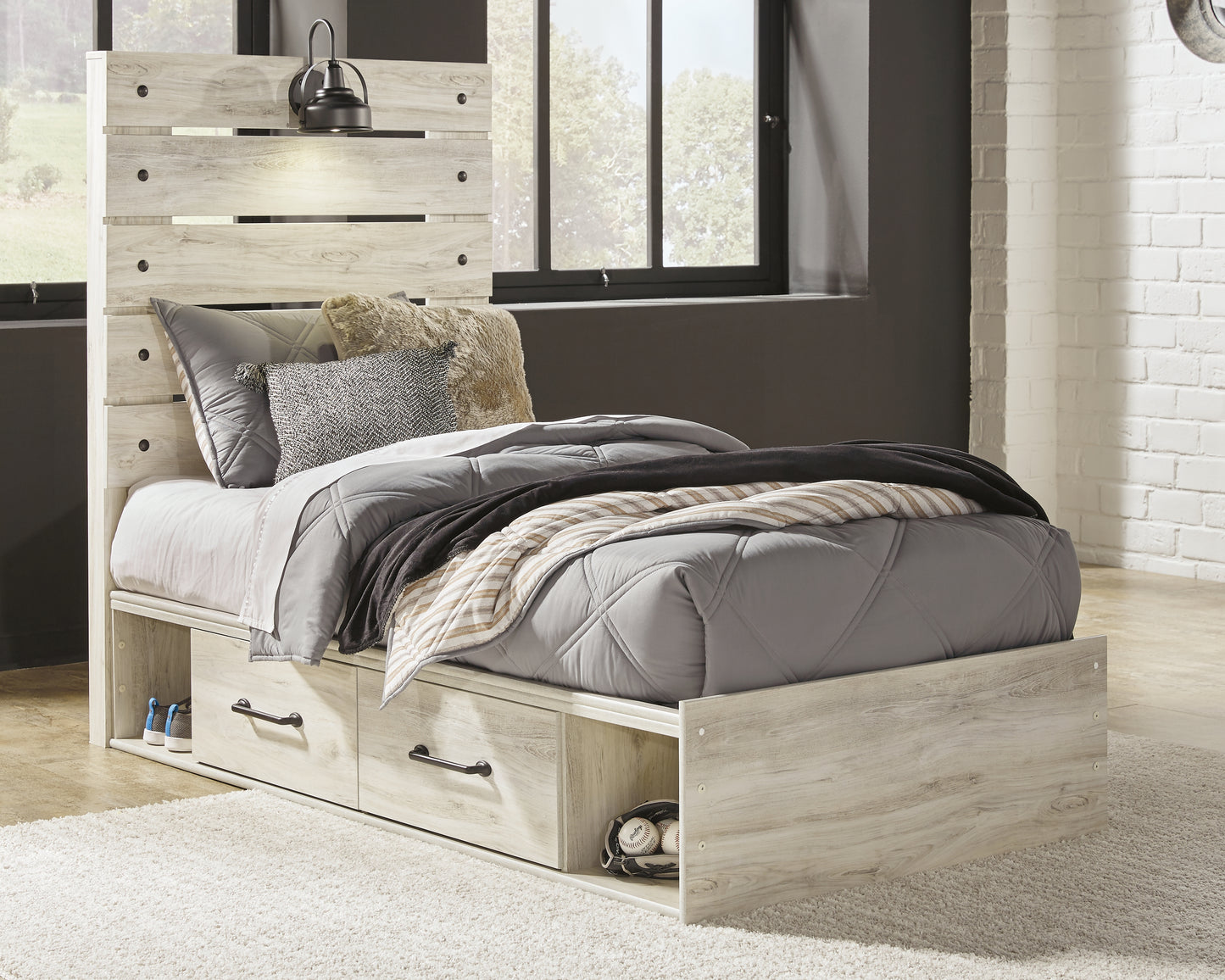 Cassel Furniture Outlet - Ashley Furniture - Cambeck Bedroom - Twin Panel Bed with 2 Storage Drawers / Whitewash - B192B13