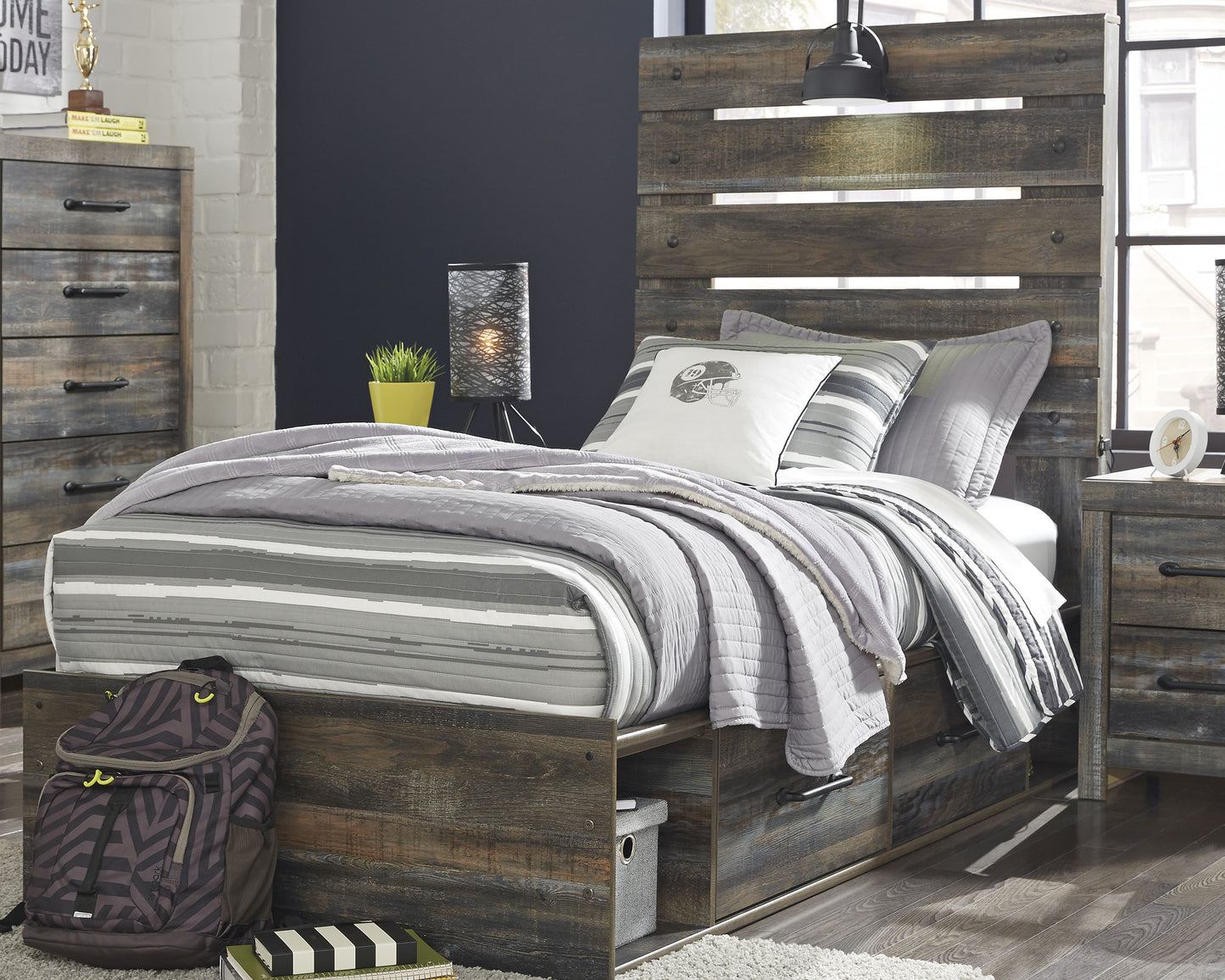 Cassel Furniture Outlet - Ashley Furniture - Drystan Bedroom - Twin Panel Bed with 4 Storage Drawers / Multi - B211B11