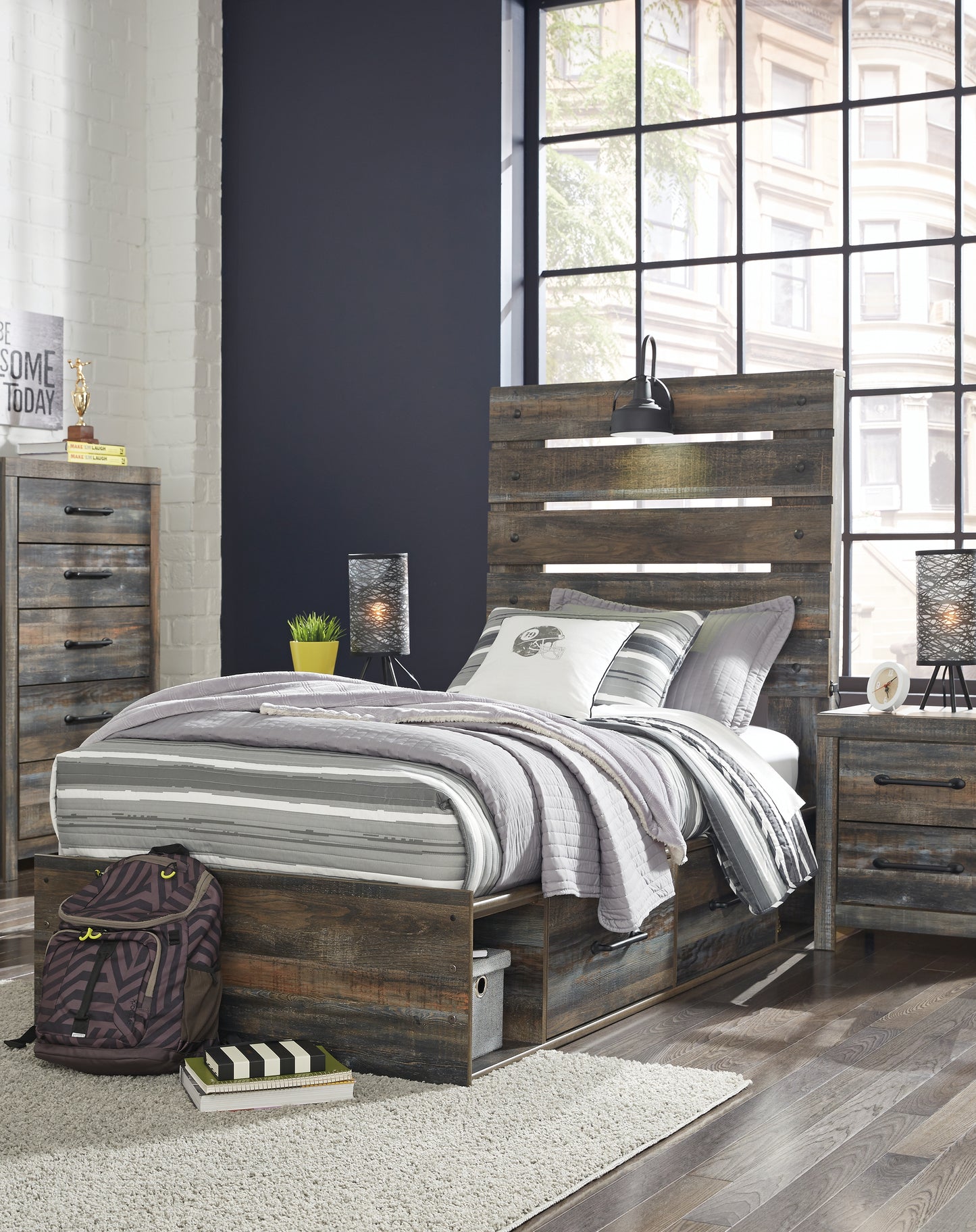 Cassel Furniture Outlet - Ashley Furniture - Drystan Bedroom - Twin Panel Bed with 2 Storage Drawers / Multi - B211B8