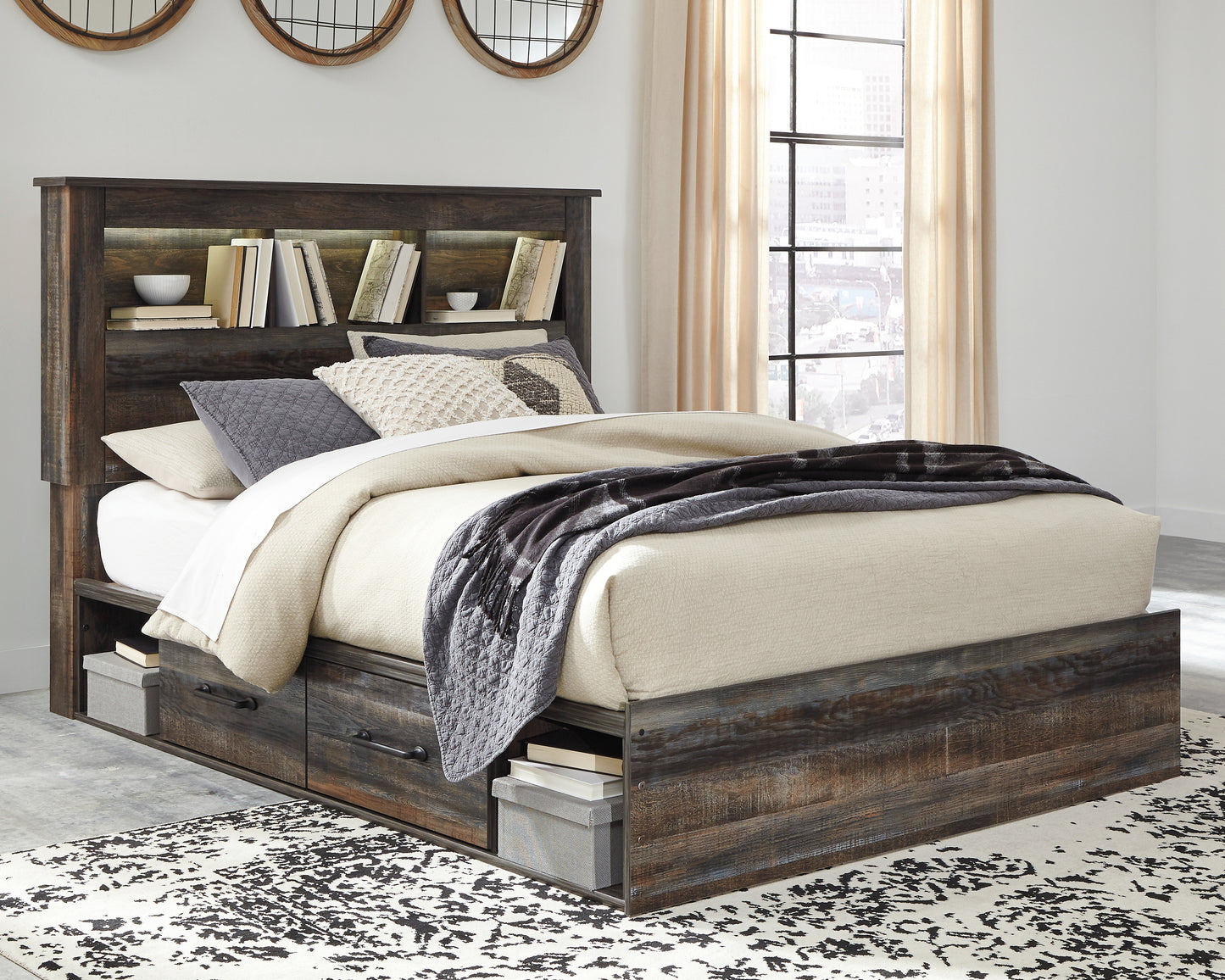 Cassel Furniture Outlet - Ashley Furniture - Drystan Bedroom - Queen Bookcase Bed with 4 Storage Drawers / Multi - B211B18