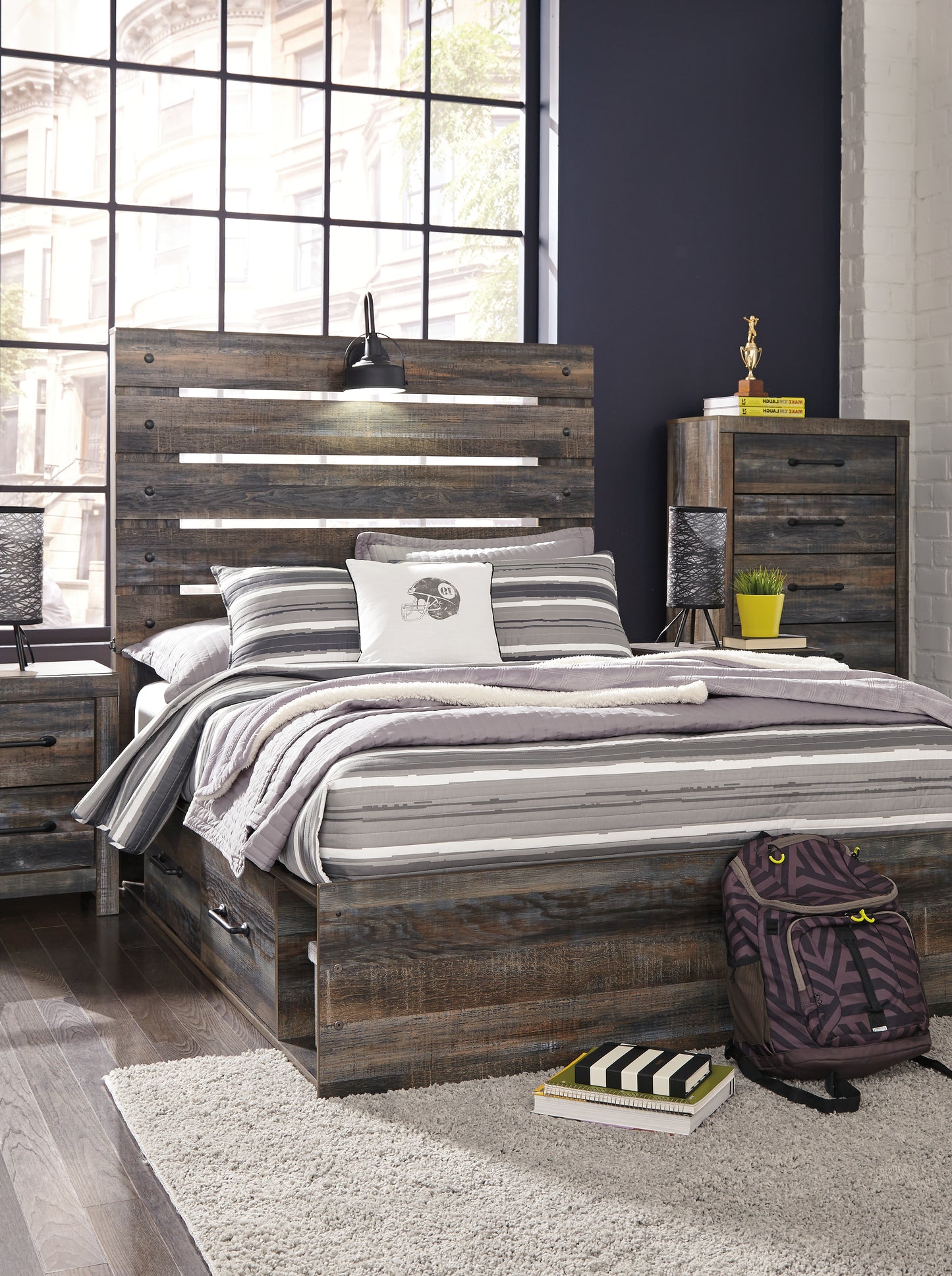 Cassel Furniture Outlet - Ashley Furniture - Drystan Bedroom - Full Panel Bed with 2 Storage Drawers / Multi - B211B9