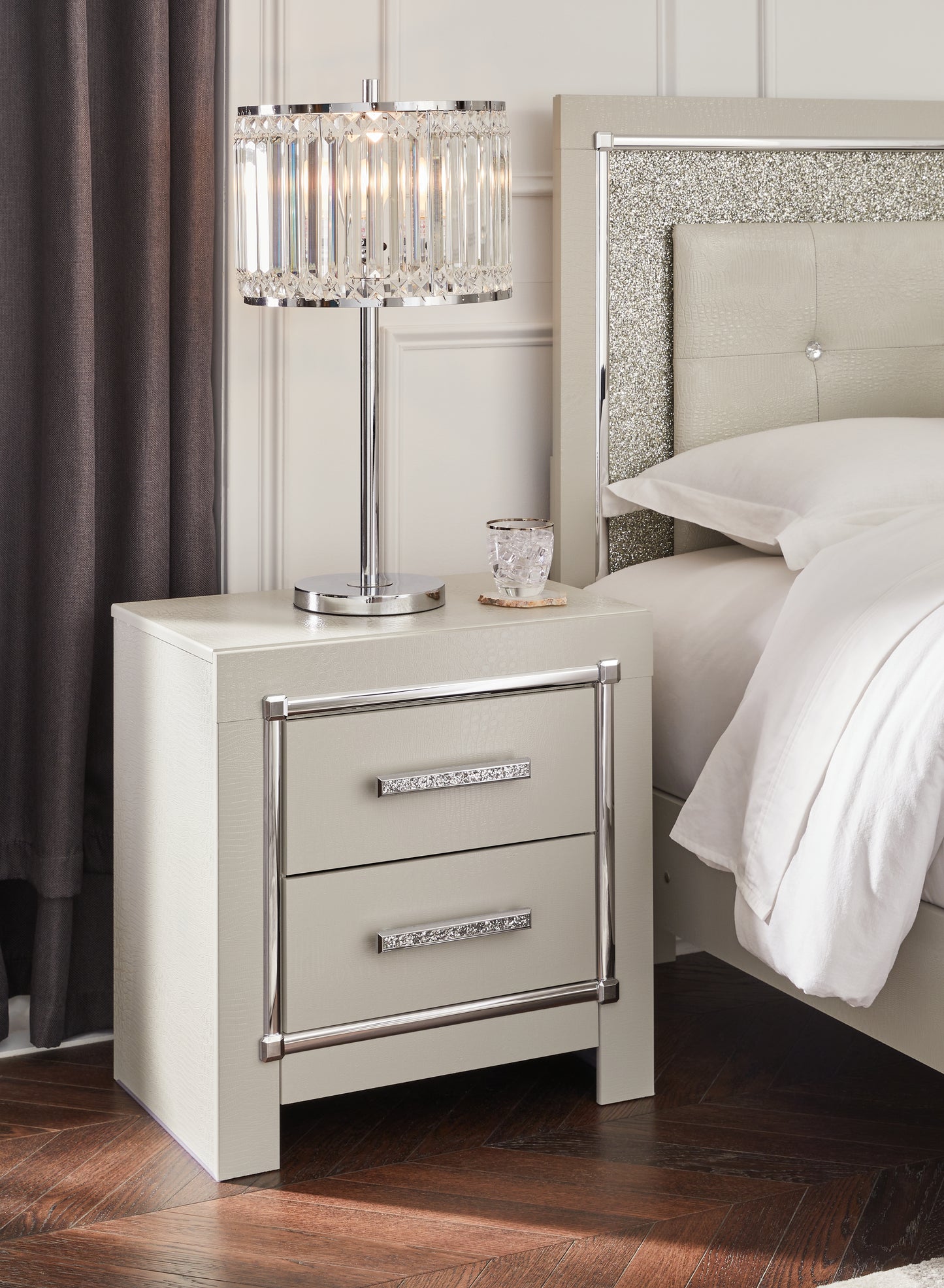 Cassel Furniture Outlet - Ashley Furniture - Zyniden Bedroom - Two Drawer Night Stand / Silver - B2114-92