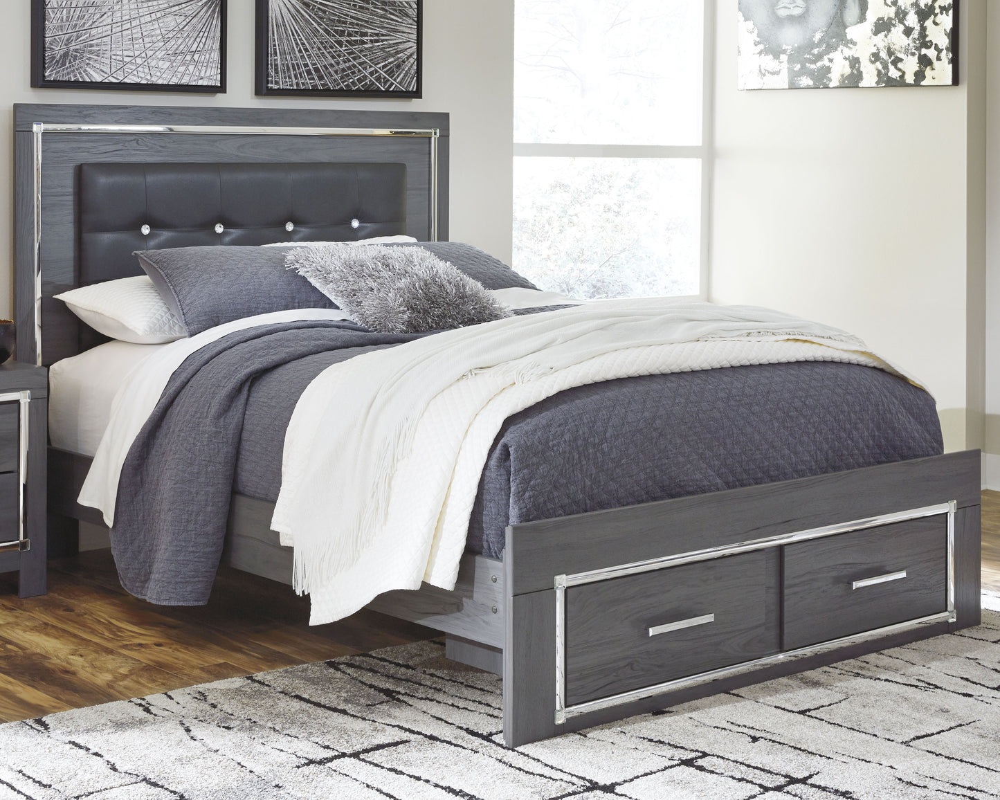 Cassel Furniture Outlet - Ashley Furniture - Lodanna Bedroom - Queen Panel Bed with 2 Storage Drawers / Gray - B214B3