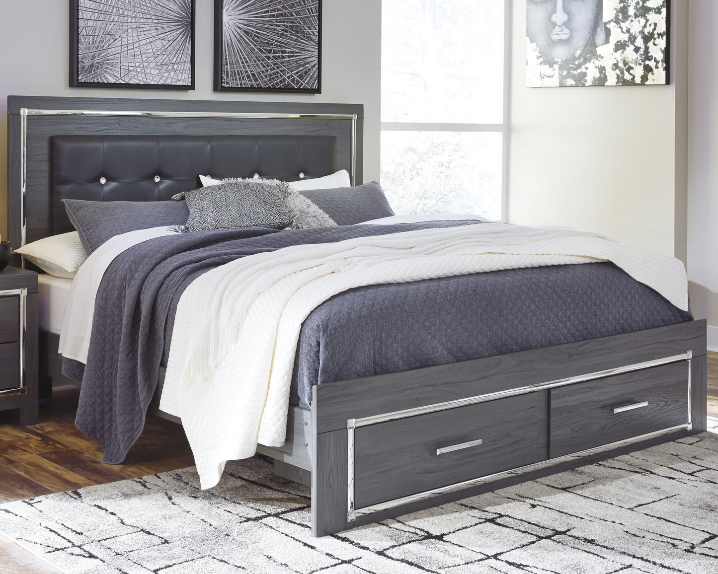 Cassel Furniture Outlet - Ashley Furniture - Lodanna Bedroom - King Panel Bed with 2 Storage Drawers / Gray - B214B11
