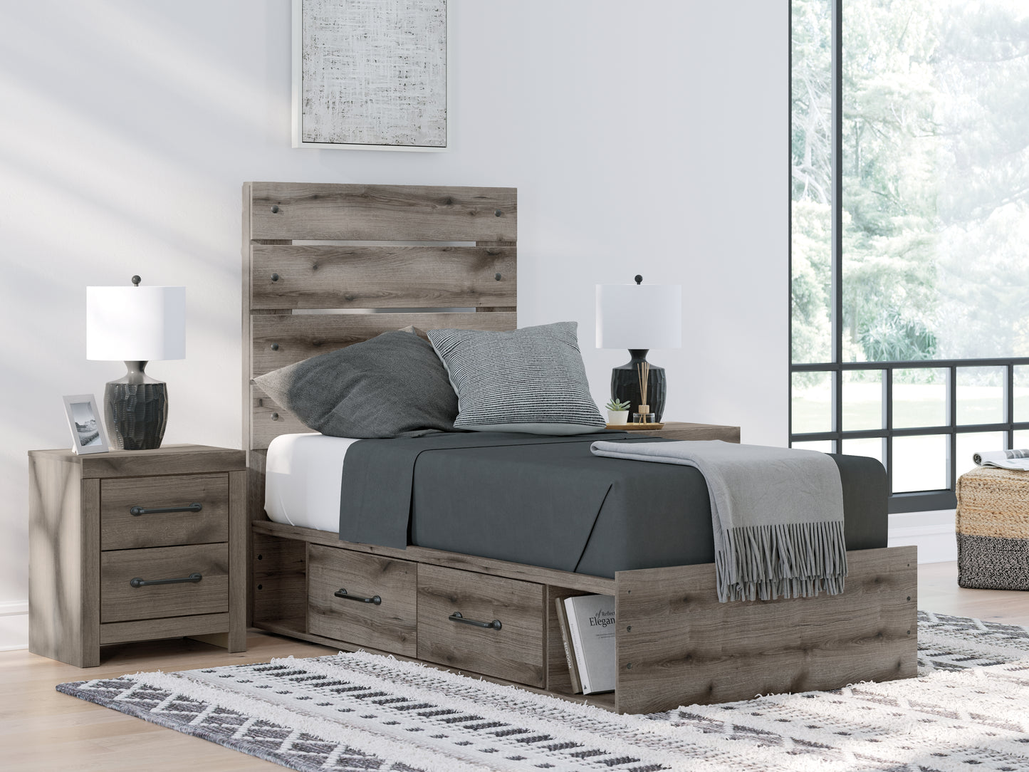 Cassel Furniture Outlet - Ashley Furniture - Graystorm Bedroom - Twin Panel Bed with Storage / Brown Gray - PCB2405B19