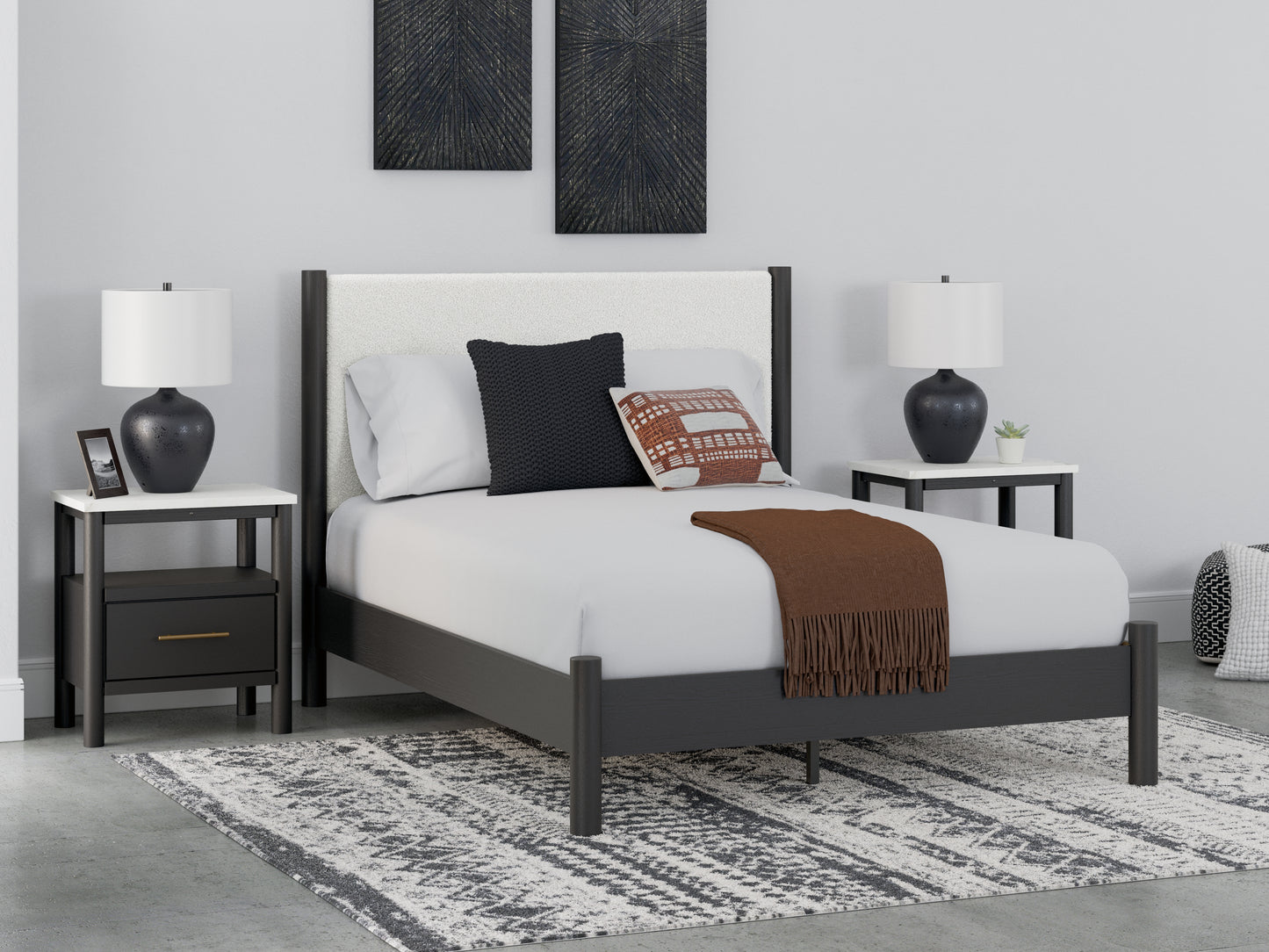 Cassel Furniture Outlet - Ashley Furniture - Cadmori Bedroom - Queen Upholstered Panel Bed / Black/White - B2616B2