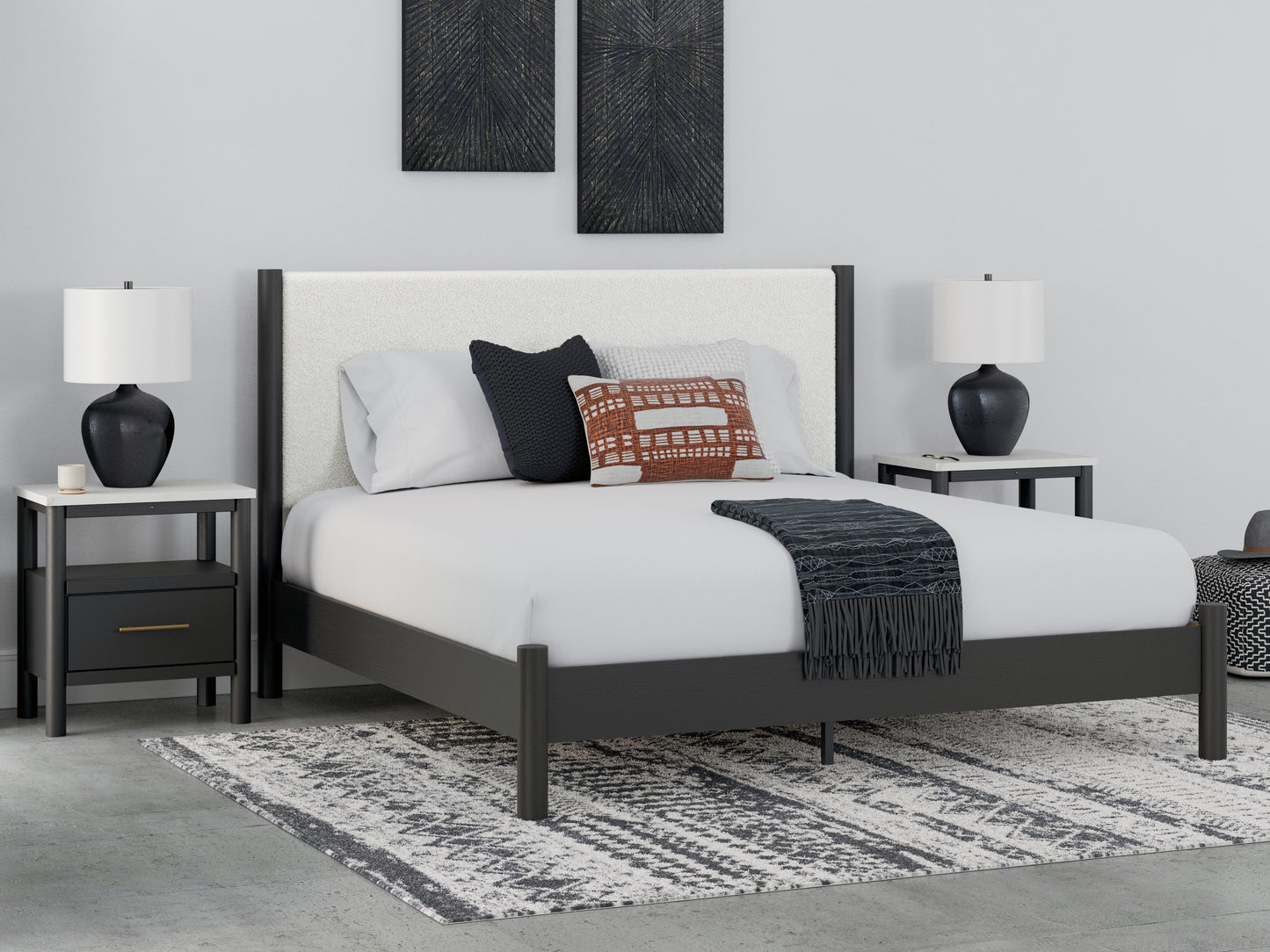 Cassel Furniture Outlet - Ashley Furniture - Cadmori Bedroom - King Upholstered Panel Bed / Black/White - B2616B8