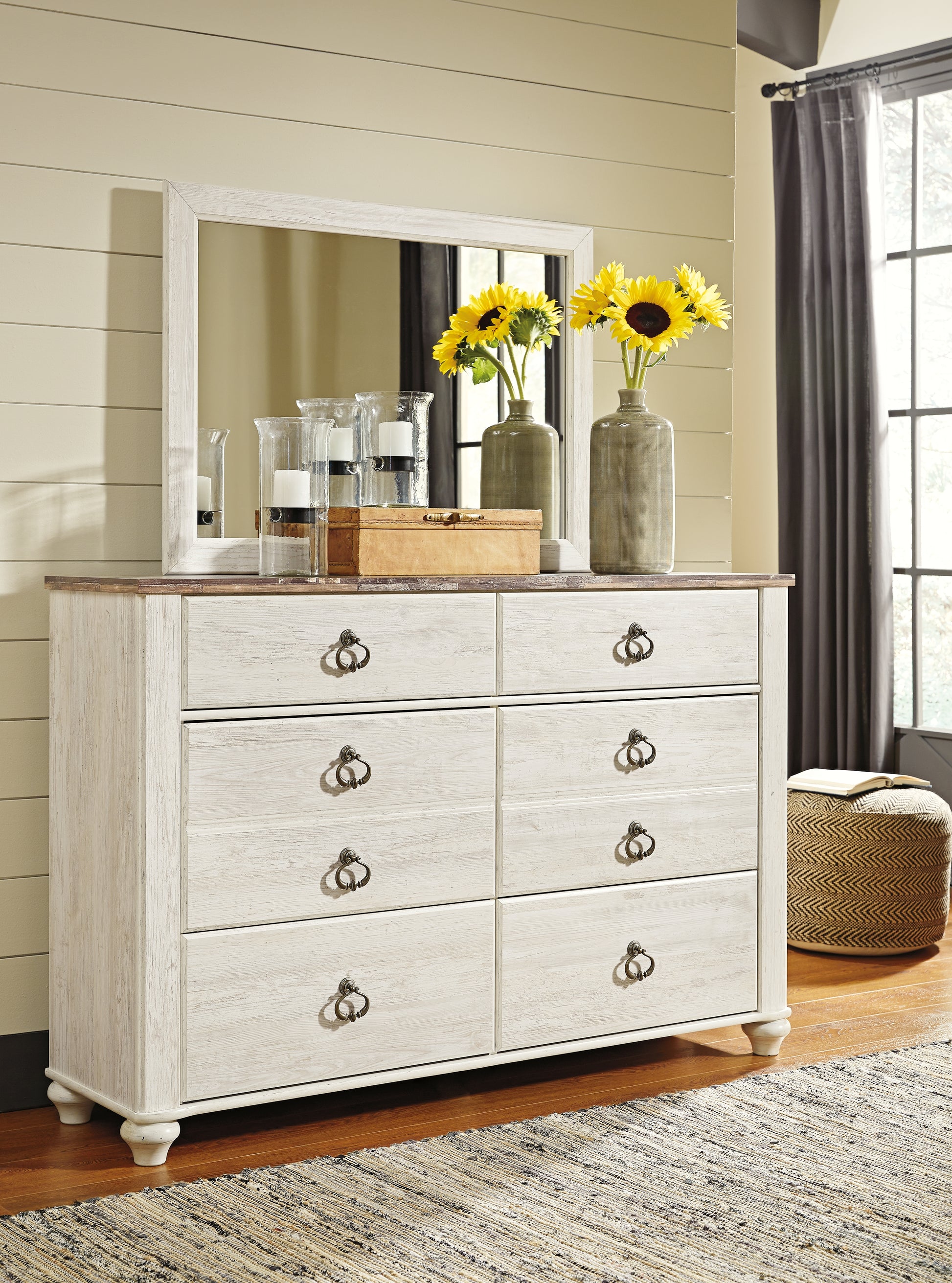 Cassel Furniture Outlet - Ashley Furniture - Willowton Bedroom - Twin Panel Bed with 2 Storage Drawers / Whitewash - B267B21