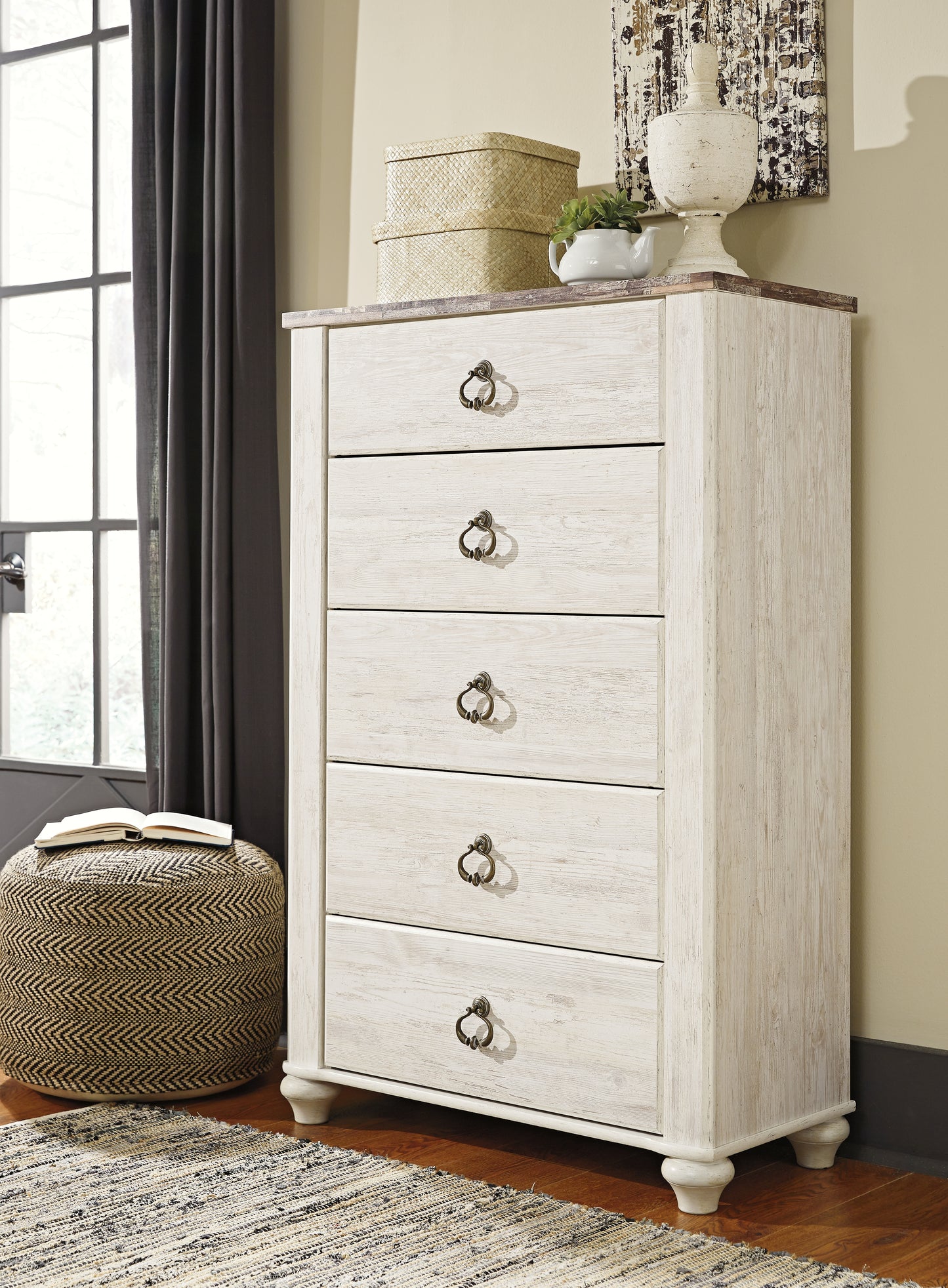 Cassel Furniture Outlet - Ashley Furniture - Willowton Bedroom - Five Drawer Chest / Whitewash - B267-46