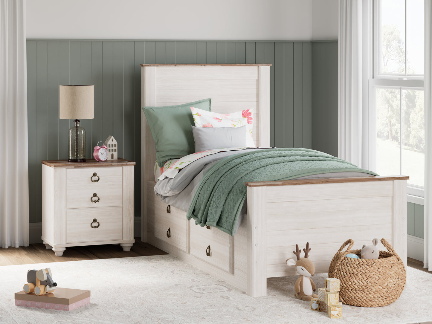 Cassel Furniture Outlet - Ashley Furniture - Willowton Bedroom - Twin Panel Bed with 2 Storage Drawers / Whitewash - B267B21