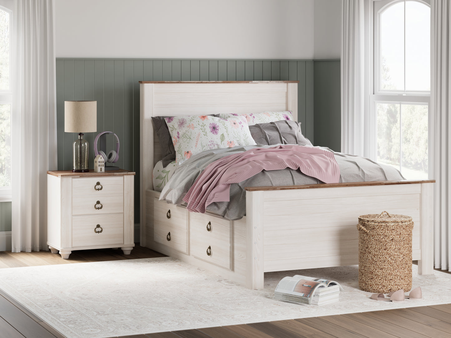 Cassel Furniture Outlet - Ashley Furniture - Willowton Bedroom - Full Panel Bed with 2 Storage Drawers / Whitewash - B267B22