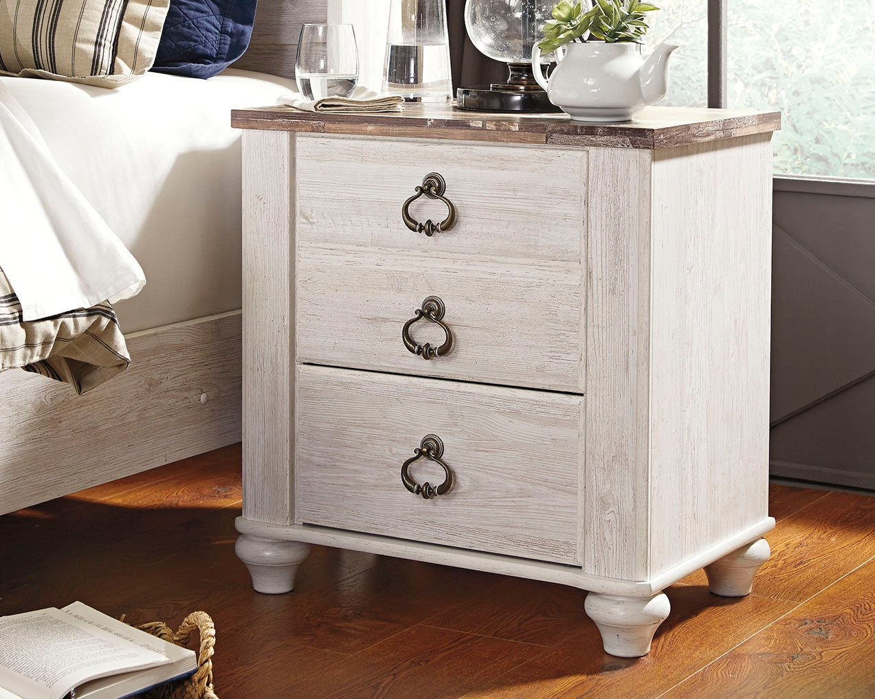 Cassel Furniture Outlet - Ashley Furniture - Willowton Bedroom - Two Drawer Night Stand / Whitewash - B267-92
