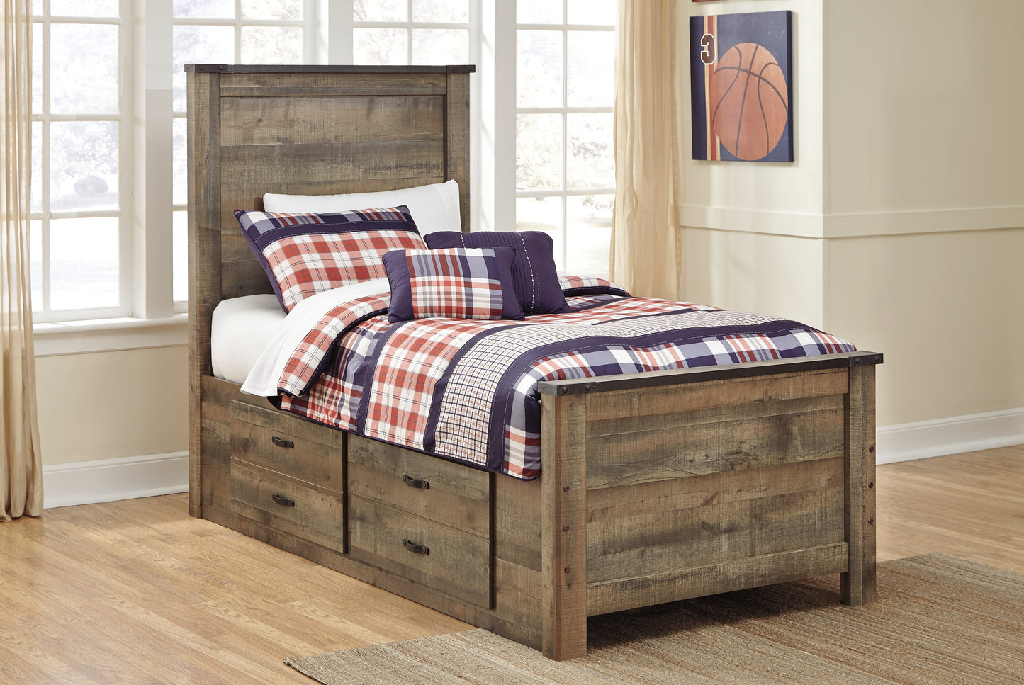 Cassel Furniture Outlet - Ashley Furniture - Trinell Bedroom - Twin Panel Bed with 2 Storage Drawers / Brown - B446B15
