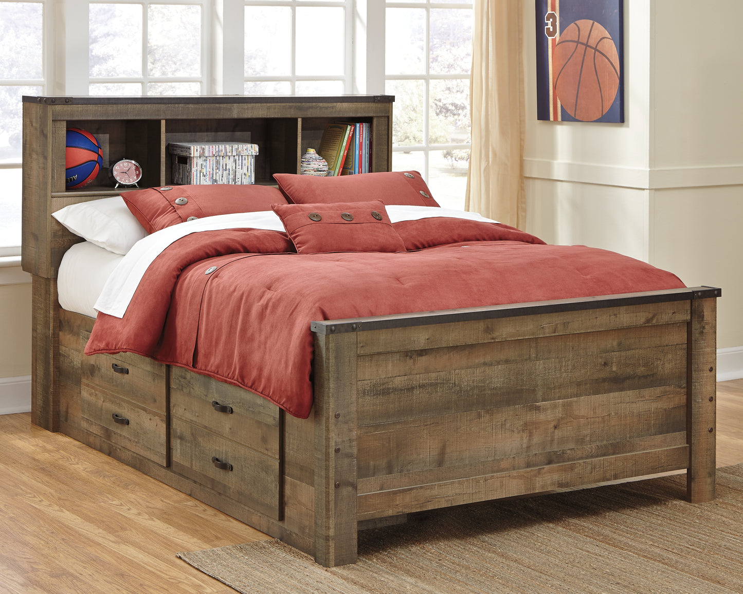 Cassel Furniture Outlet - Ashley Furniture - Trinell Bedroom - Full Bookcase Bed with 2 Sided Storage / Brown - B446B79