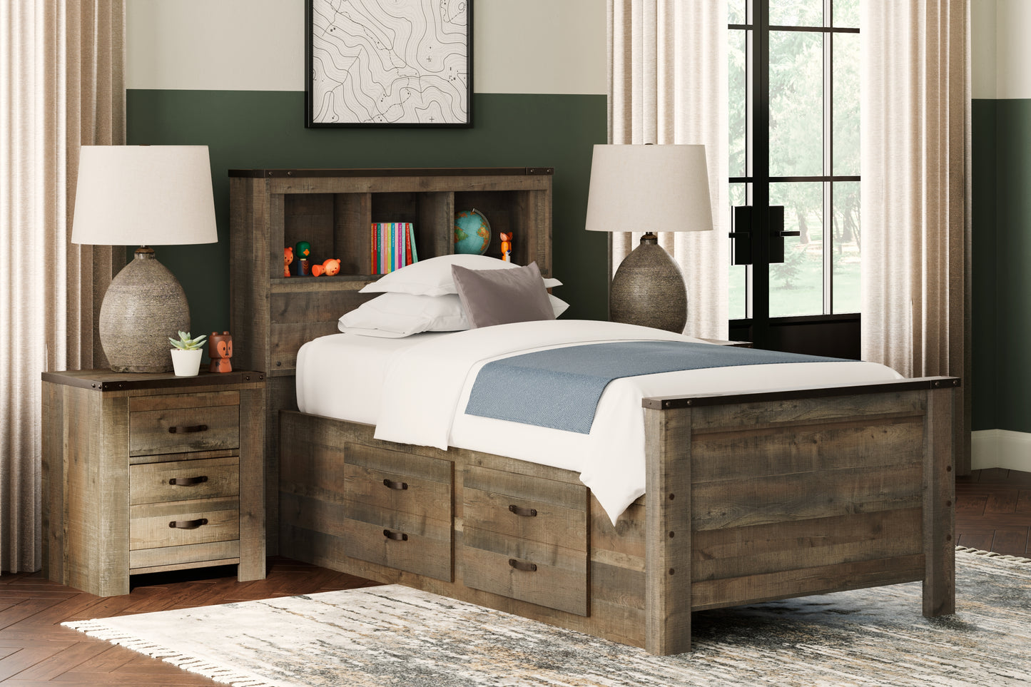 Cassel Furniture Outlet - Ashley Furniture - Trinell Bedroom - Twin Bookcase Bed with 2 Storage Drawers / Brown - B446B17