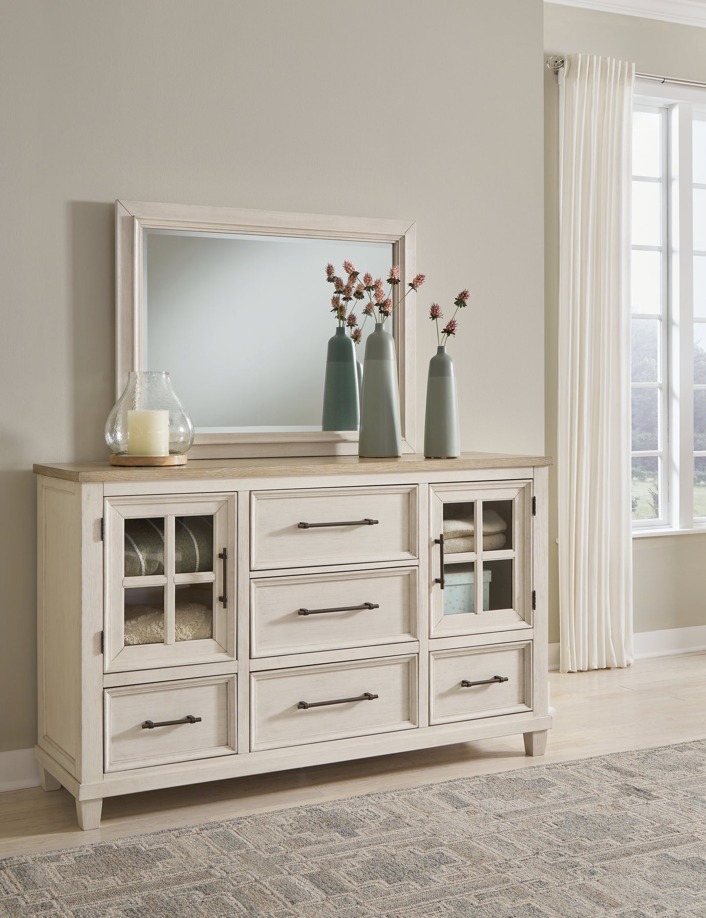 Cassel Furniture Outlet - Ashley Furniture - Shaybrock Bedroom - Dresser and Mirror / Antique White/Brown - B683B1