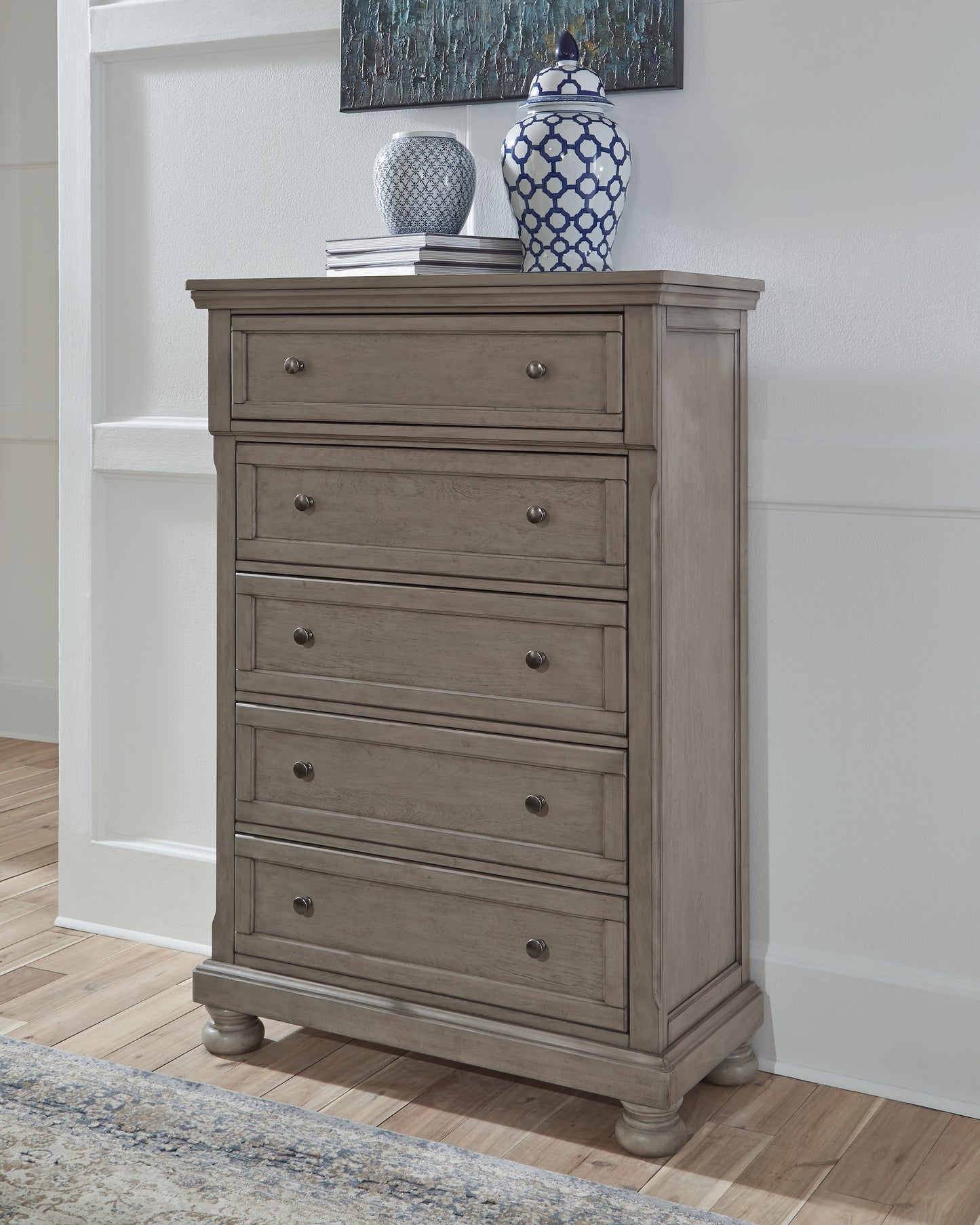 Cassel Furniture Outlet - Ashley Furniture - Lettner Bedroom - Five Drawer Chest / Light Gray - B733-46
