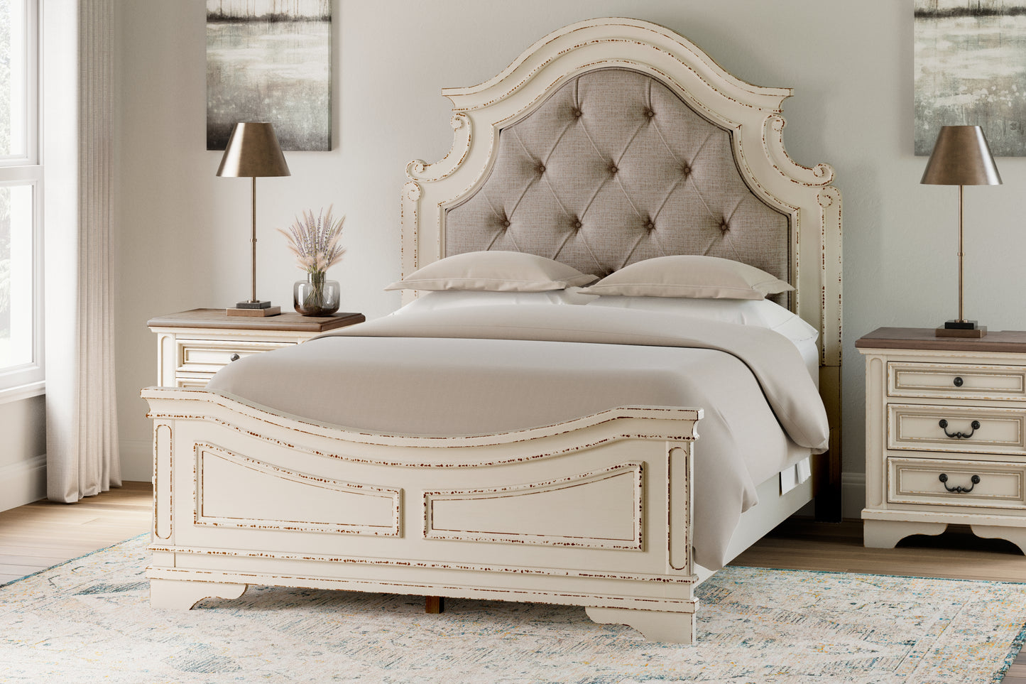 Cassel Furniture Outlet - Ashley Furniture - Realyn Bedroom - Queen Upholstered Panel Bed / Chipped White - B743B2