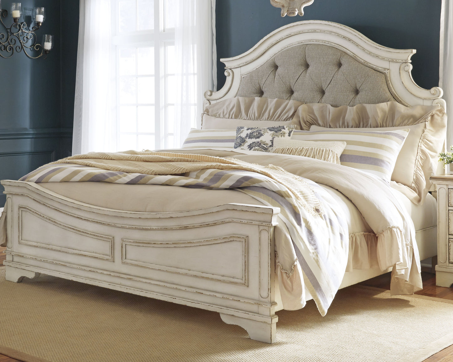 Cassel Furniture Outlet - Ashley Furniture - Realyn Bedroom - California King Upholstered Panel Bed / Chipped White - B743B7