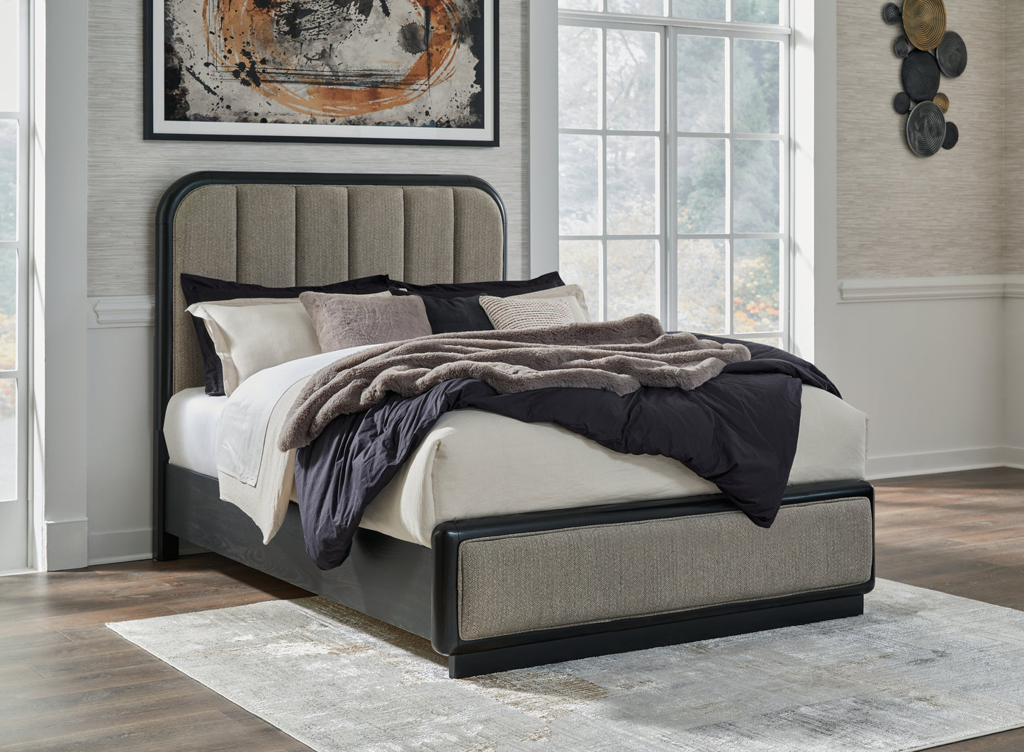 Cassel Furniture Outlet - Ashley Furniture - Rowanbeck Bedroom - Queen Upholstered Panel Bed / Gray/Black - B821B2