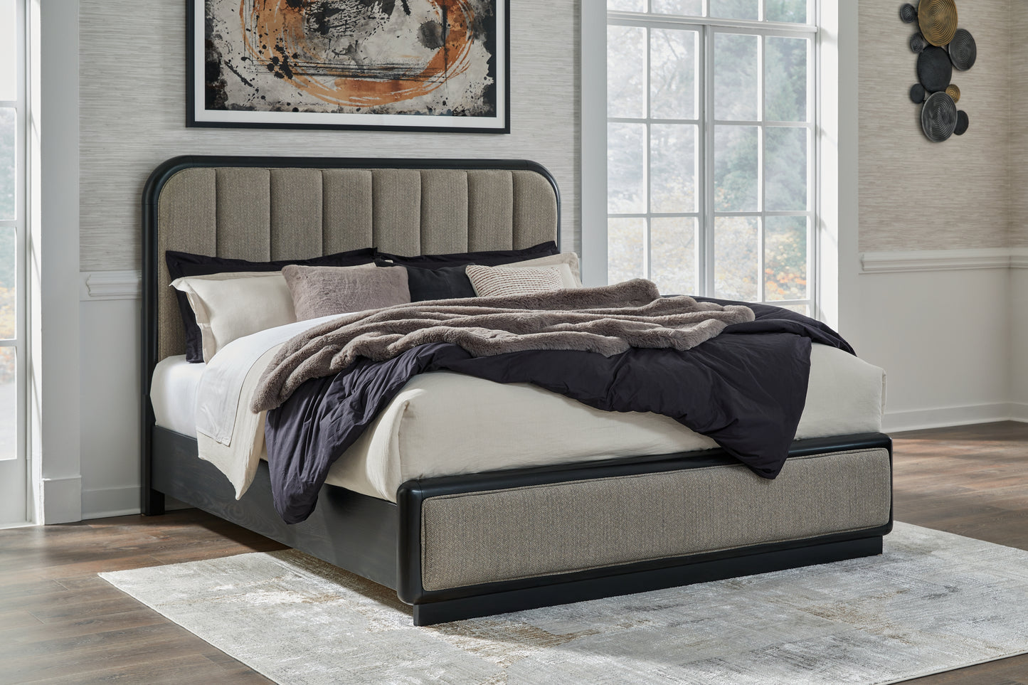 Cassel Furniture Outlet - Ashley Furniture - Rowanbeck Bedroom - California King Upholstered Panel Bed / Gray/Black - B821B5