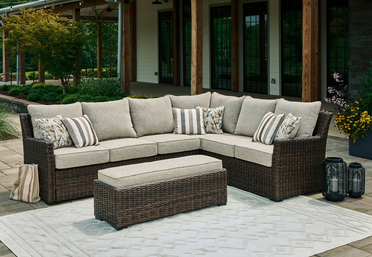 Cassel Furniture Outlet - Ashley Furniture - Brook Ranch Outdoor - Sofa SEC/Bench w/CUSH (3/CN) / Brown - P465-822