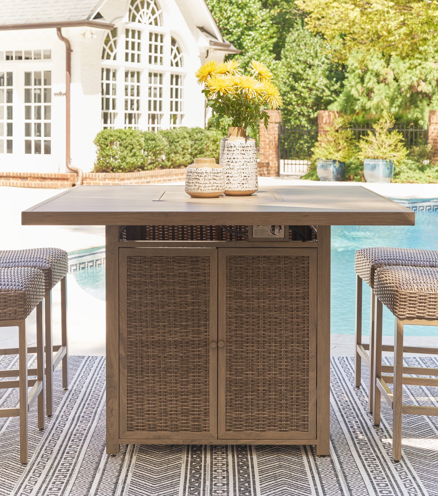 Cassel Furniture Outlet - Ashley Furniture - Walton Bridge Outdoor - Square Bar Table w/Fire Pit / Driftwood - P749-665