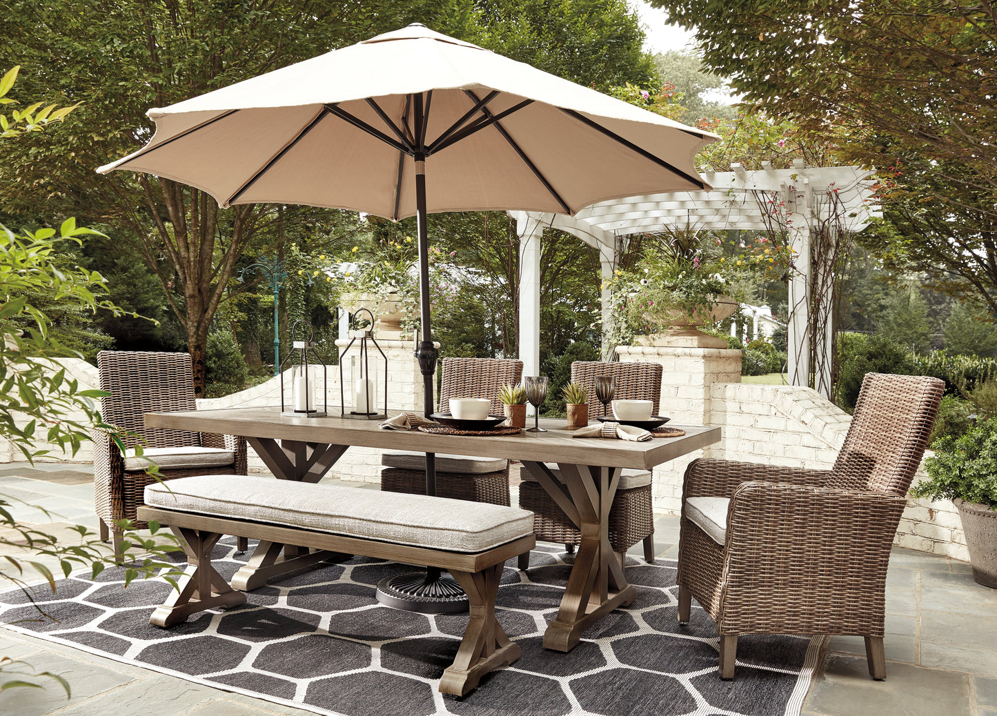 Cassel Furniture Outlet - Ashley Furniture - Beachcroft Outdoor - RECT Dining Table w/UMB OPT / Beige - P791-625