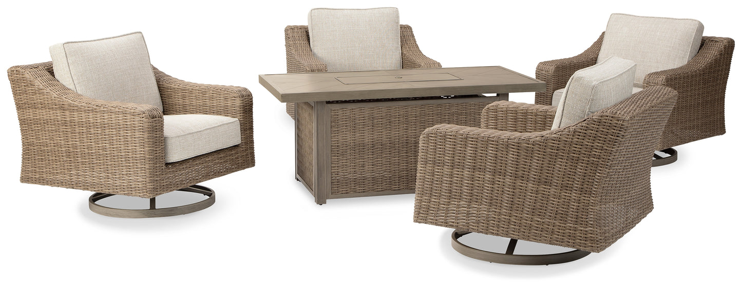 Cassel Furniture Outlet - Ashley Furniture - Beachcroft Outdoor - 5-Piece Outdoor Fire Pit Table with 4 Chairs / Beige - P791P17