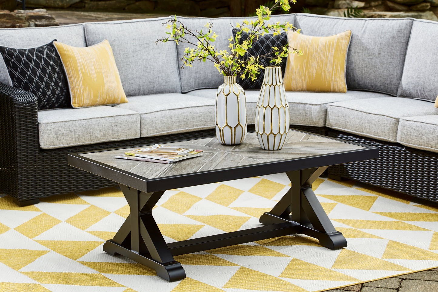 Cassel Furniture Outlet - Ashley Furniture - Beachcroft Outdoor - Rectangular Cocktail Table / Black/Light Gray - P792-701
