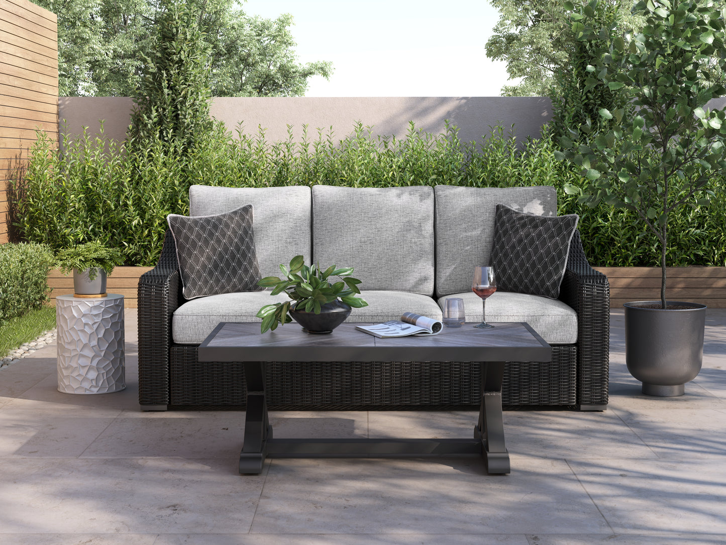 Cassel Furniture Outlet - Ashley Furniture - Beachcroft Outdoor - Sofa with Cushion / Black/Light Gray - P792-838