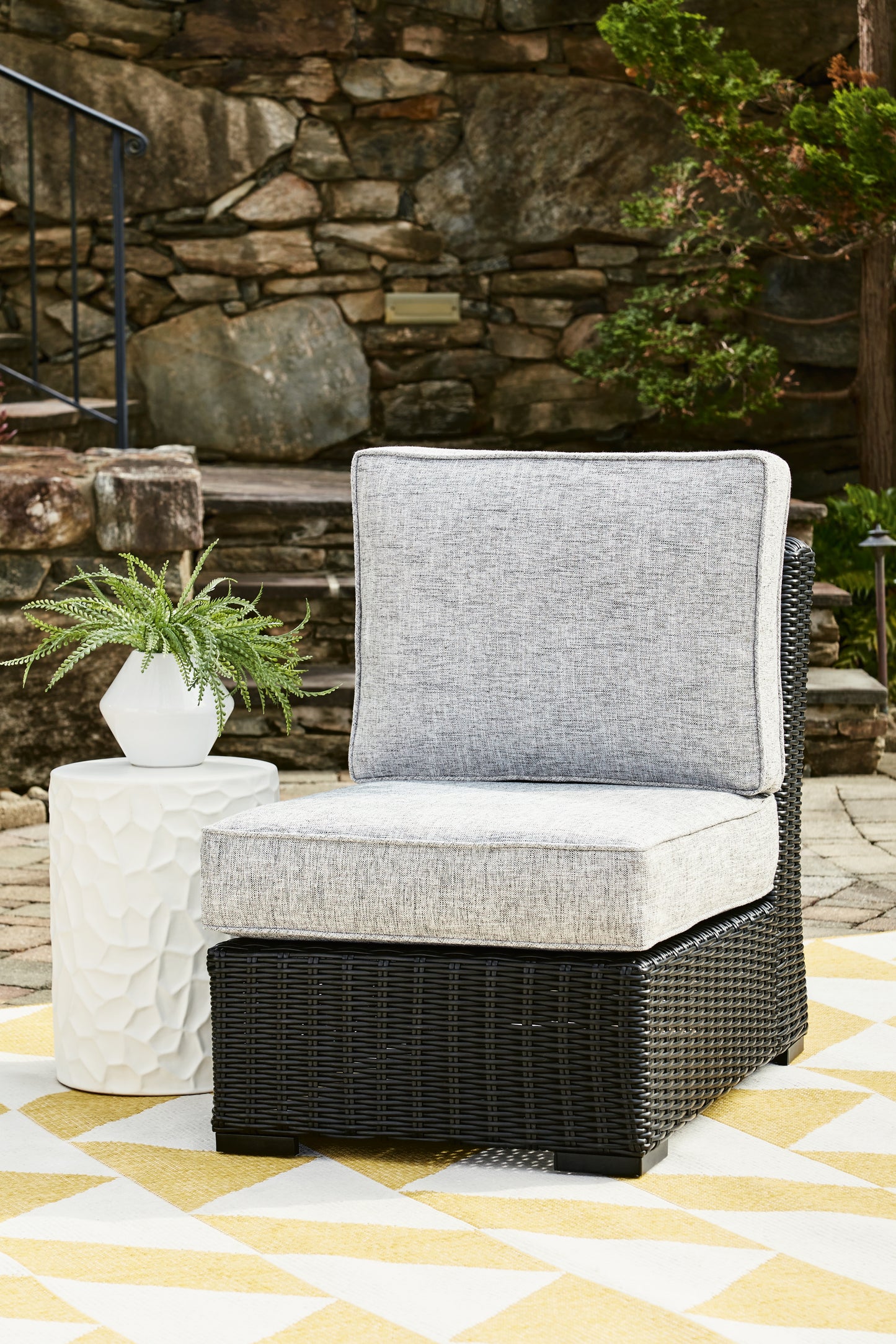 Cassel Furniture Outlet - Ashley Furniture - Beachcroft Outdoor - Armless Chair w/Cushion / Black/Light Gray - P792-846