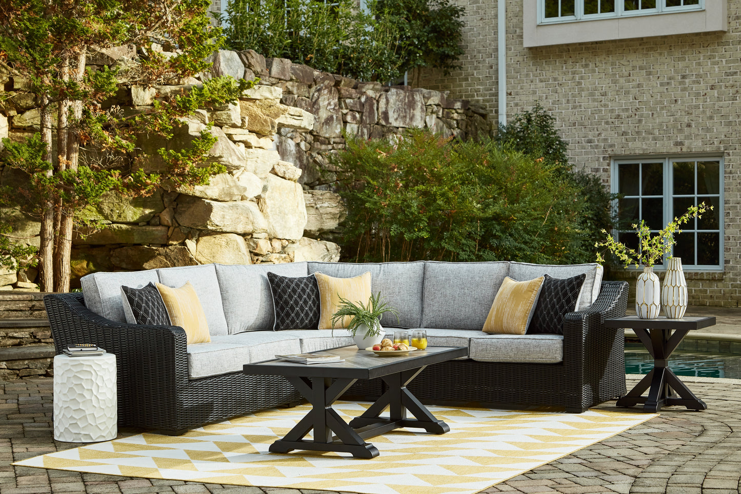 Cassel Furniture Outlet - Ashley Furniture - Beachcroft Outdoor - 3-Piece Outdoor Sectional / Black/Light Gray - P792P1