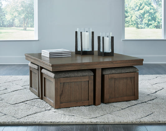 Cassel Furniture Outlet - Ashley Furniture - Boardernest Coffee Table with 4 Stools - Cocktail TBL w/4 Stools (5/CN) / Brown - T738-20