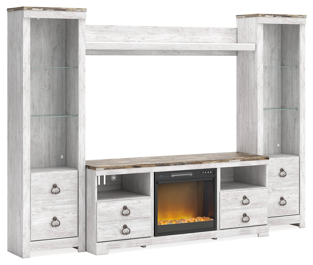 Cassel Furniture Outlet - Ashley Furniture - Willowton 4-Piece Entertainment Center with Electric Fireplace - 4-Piece Entertainment Center with Electric Fireplace / Whitewash - W267W4