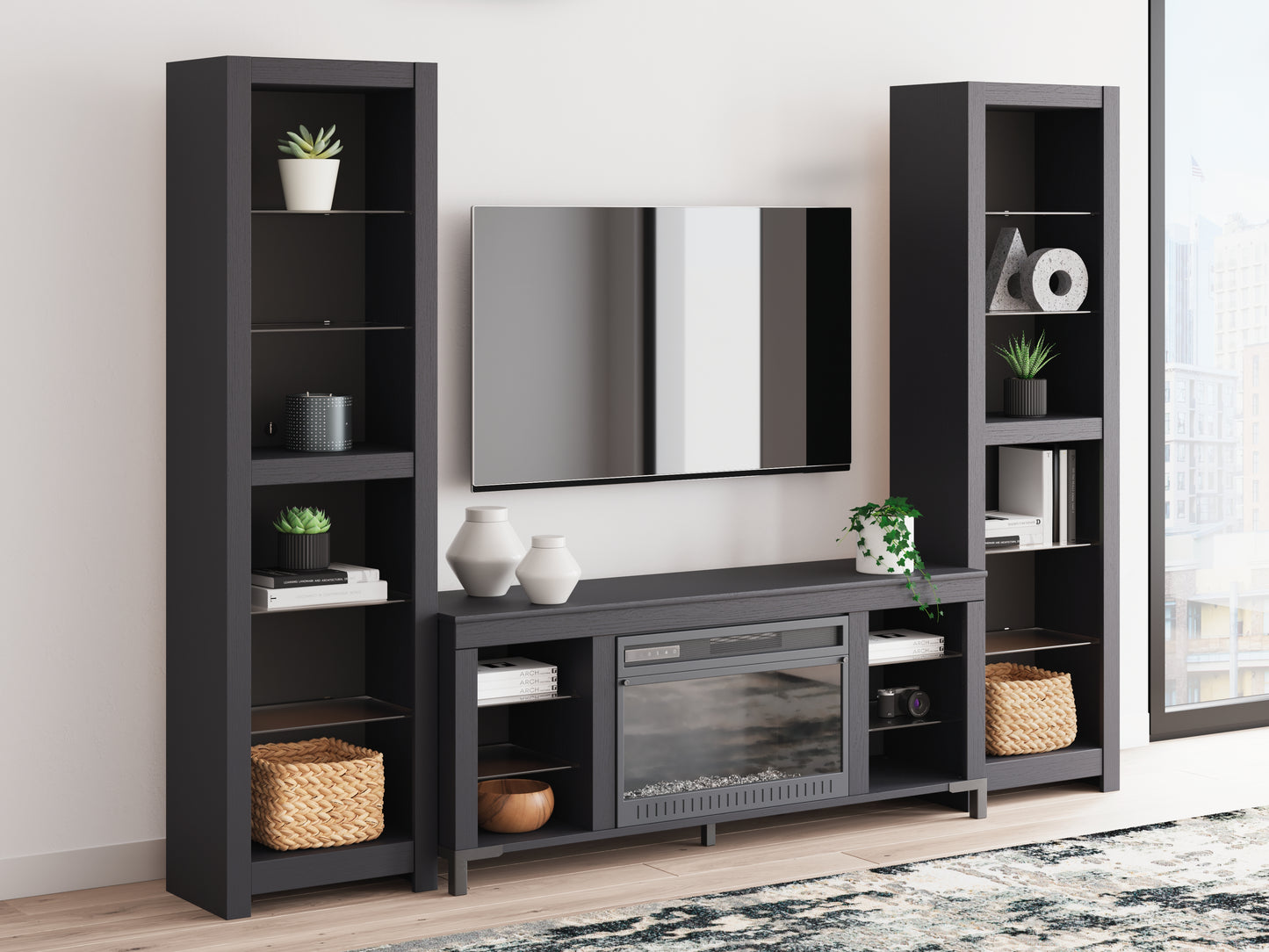 Cassel Furniture Outlet - Ashley Furniture - Cayberry 3-Piece Entertainment Center with Electric Fireplace - 3-Piece Entertainment Center with Electric Fireplace / Black - W2721W2