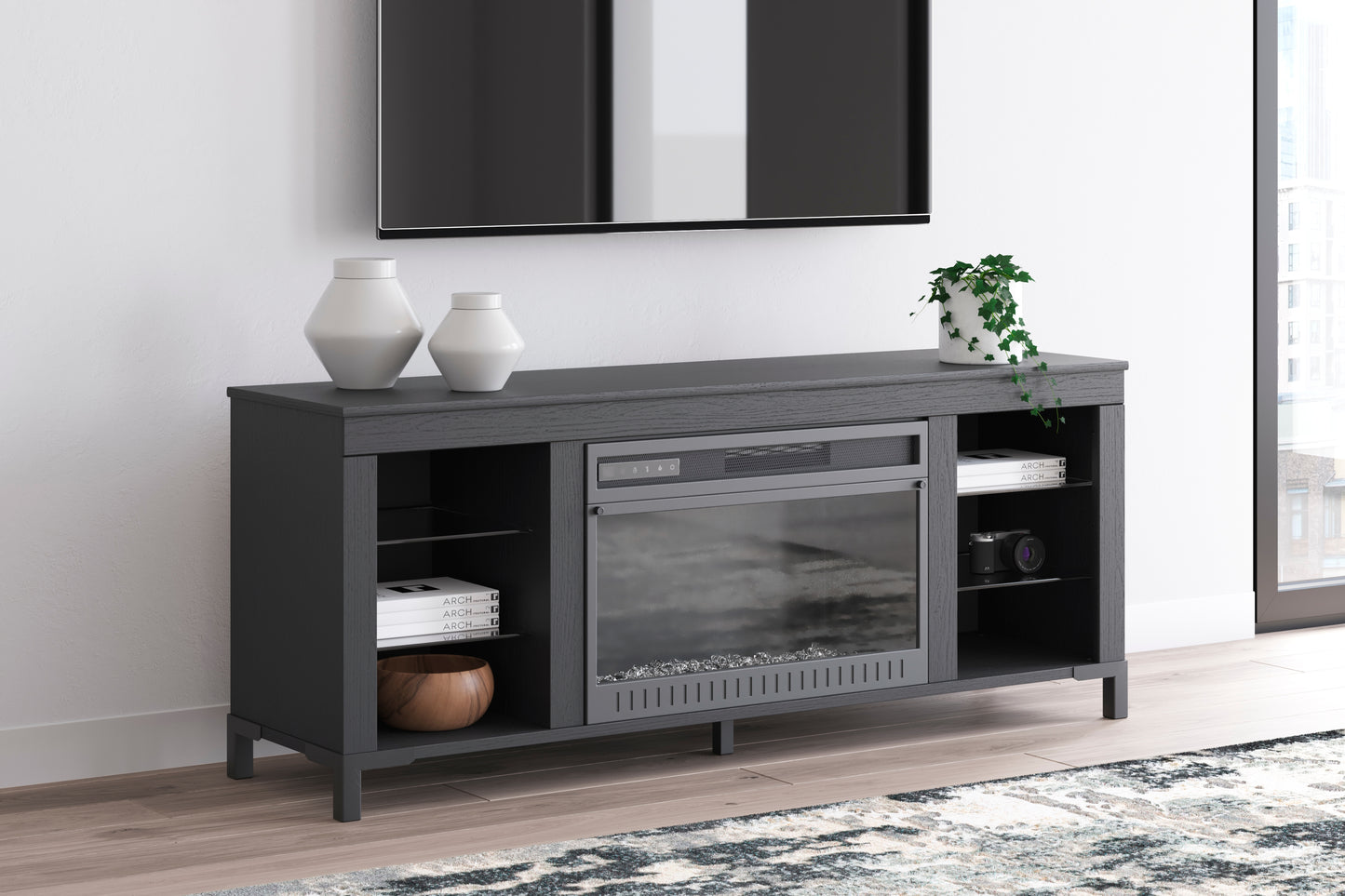 Cassel Furniture Outlet - Ashley Furniture - Cayberry TV Stand - 60" with Electric Fireplace / Black - W2721-168