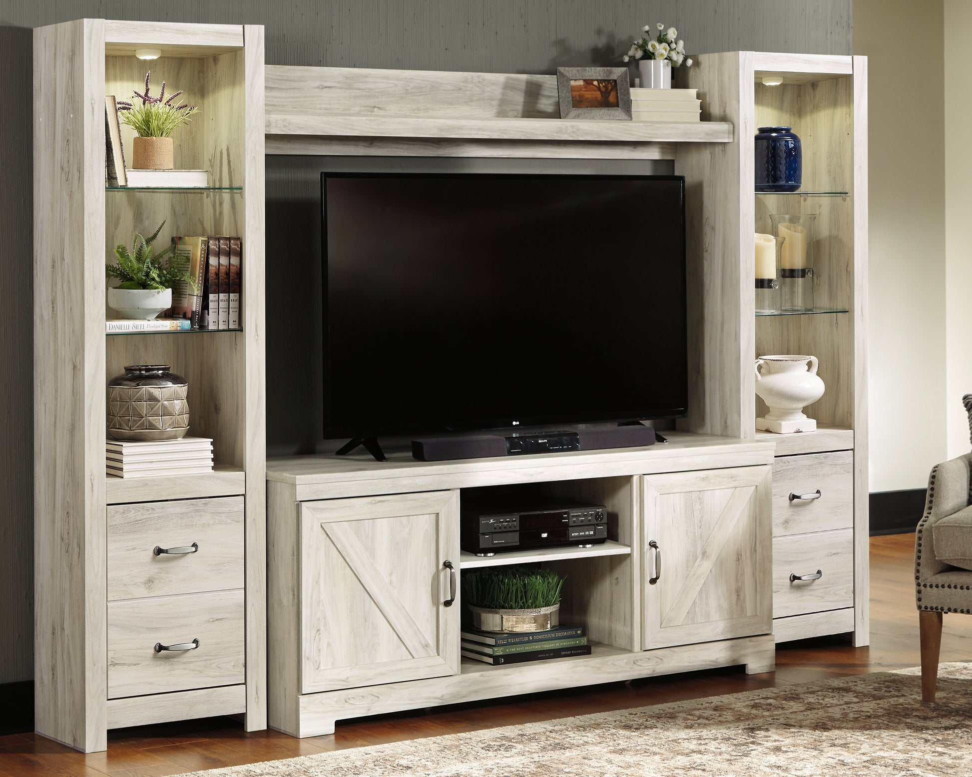 Cassel Furniture Outlet - Ashley Furniture - Bellaby Entertainment Center - 4-Piece Entertainment Center / Whitewash - W331W2