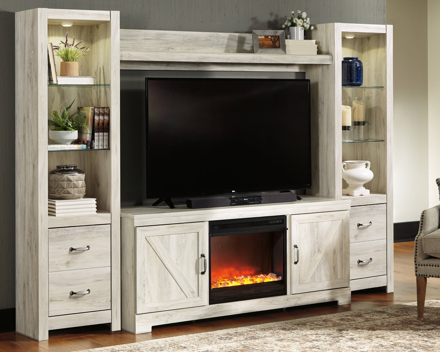 Cassel Furniture Outlet - Ashley Furniture - Bellaby 4-Piece Entertainment Center with Fireplace - 4-Piece Entertainment Center with Fireplace / Whitewash - W331W5