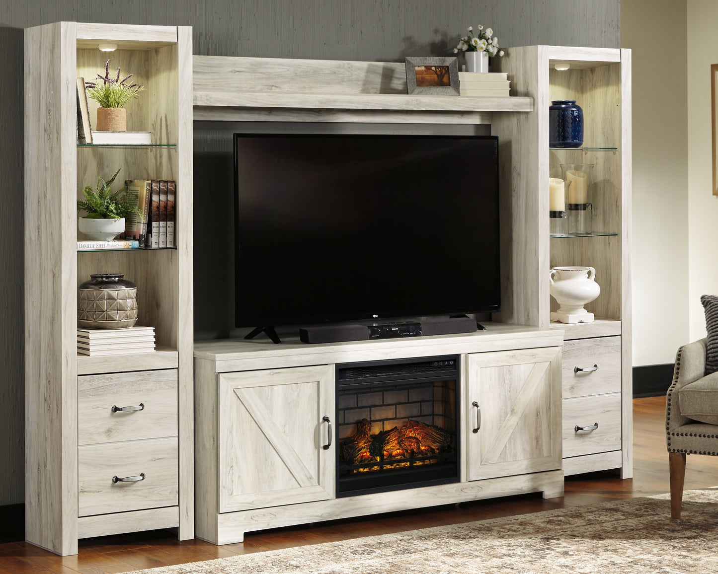 Cassel Furniture Outlet - Ashley Furniture - Bellaby 4-Piece Entertainment Center with Electric Fireplace - 4-Piece Entertainment Center with Electric Fireplace / Whitewash - W331W8
