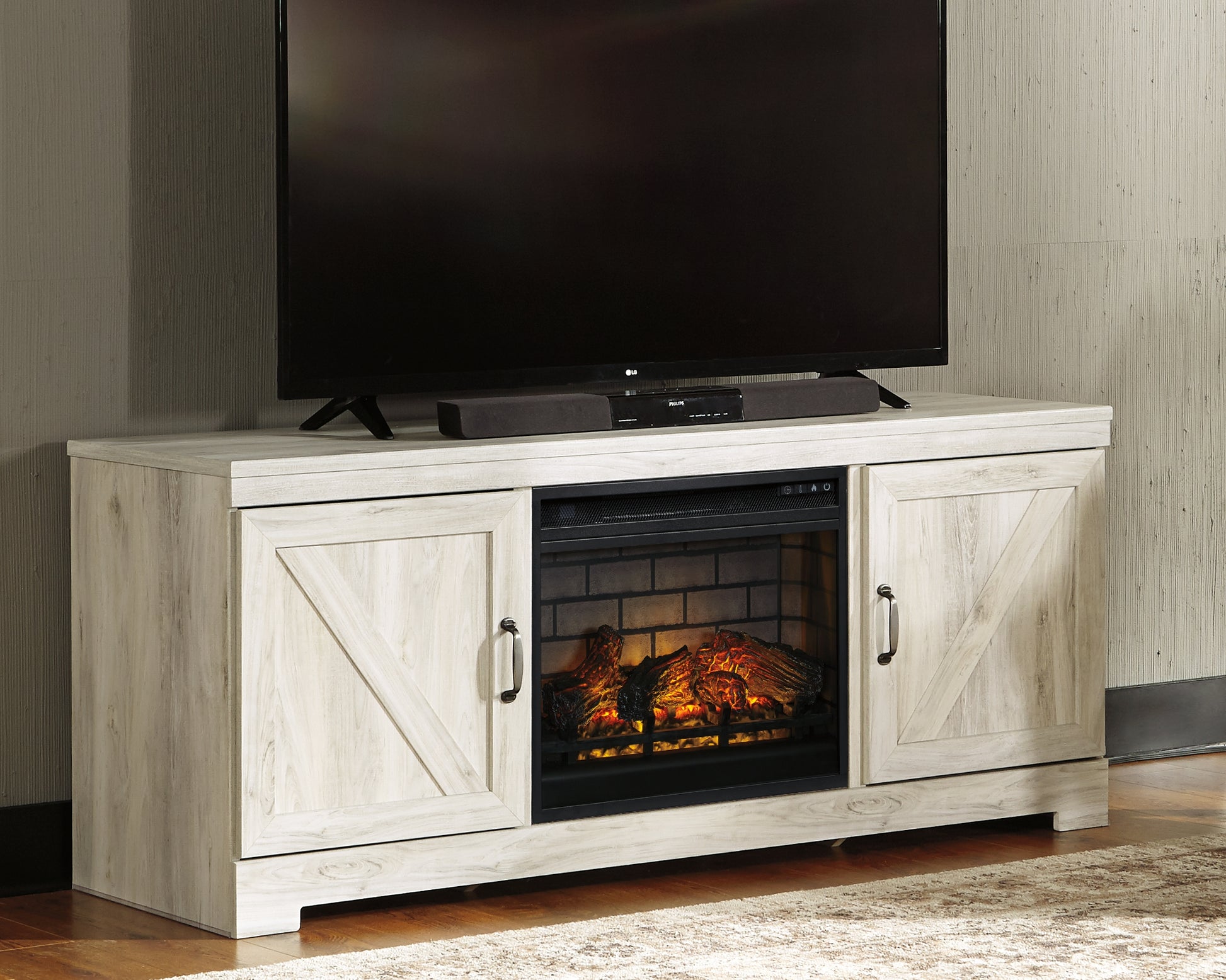Cassel Furniture Outlet - Ashley Furniture - Bellaby 63" TV Stand with Electric Fireplace - 63" TV Stand with Electric Fireplace / Whitewash - W331W9
