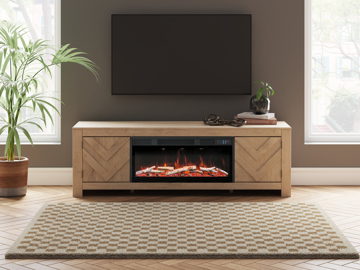 Cassel Furniture Outlet - Ashley Furniture - Cayboni 71" TV Stand with Electric Fireplace - 71" TV Stand with Electric Fireplace / Tan - W3787W1