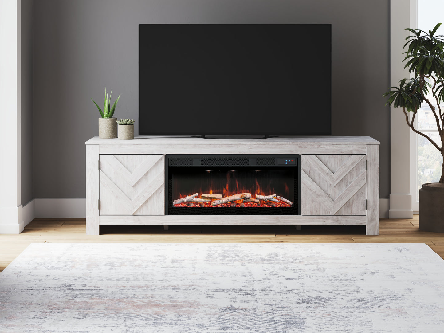 Cassel Furniture Outlet - Ashley Furniture - Cayboni 71" TV Stand with Electric Fireplace - 71" TV Stand with Electric Fireplace / Whitewash - W3788W1