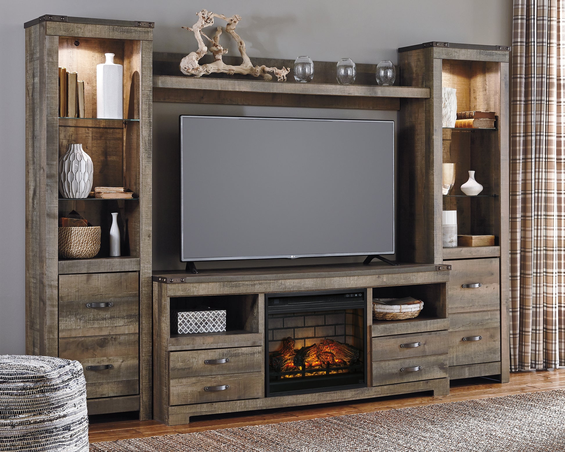 Cassel Furniture Outlet - Ashley Furniture - Trinell 4-Piece Entertainment Center with Electric Fireplace - 4-Piece Entertainment Center with Electric Fireplace / Brown - W446W8
