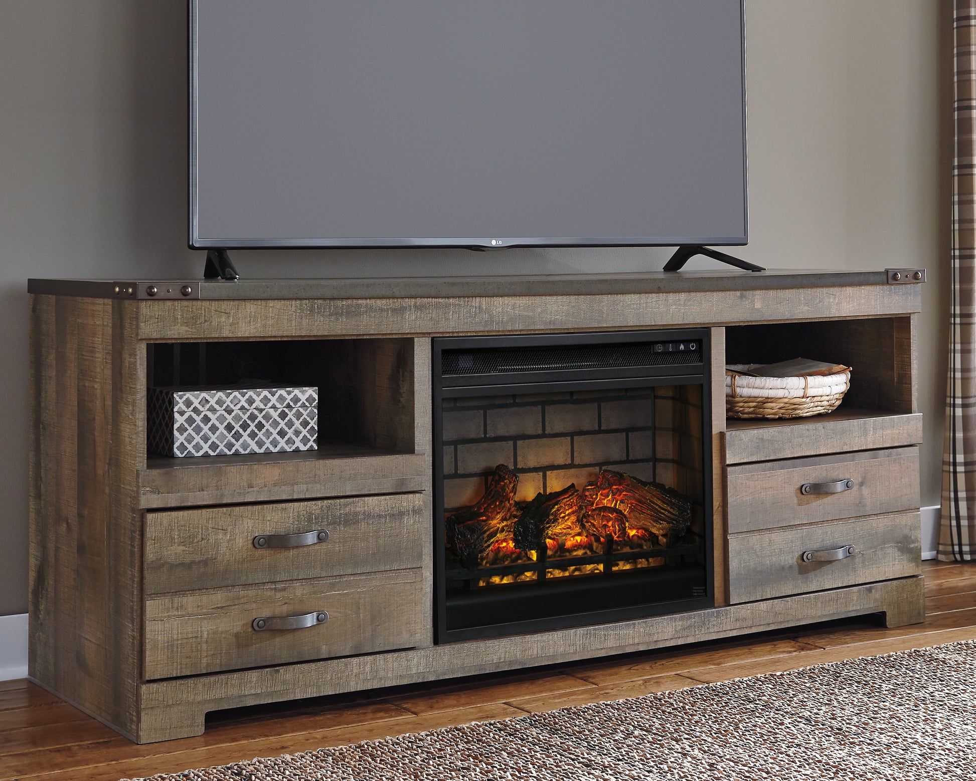 Cassel Furniture Outlet - Ashley Furniture - Trinell 63" TV Stand with Electric Fireplace - 63" TV Stand with Electric Fireplace / Brown - W446W9