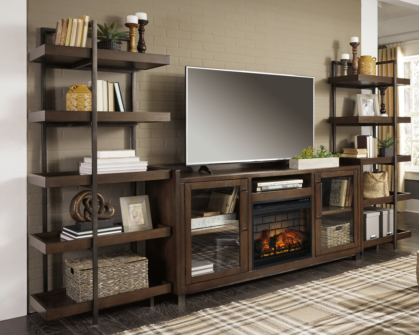 Cassel Furniture Outlet - Ashley Furniture - Starmore 3-Piece Wall Unit with Electric Fireplace - 3-Piece Wall Unit with Electric Fireplace / Brown/Gunmetal - W633W6