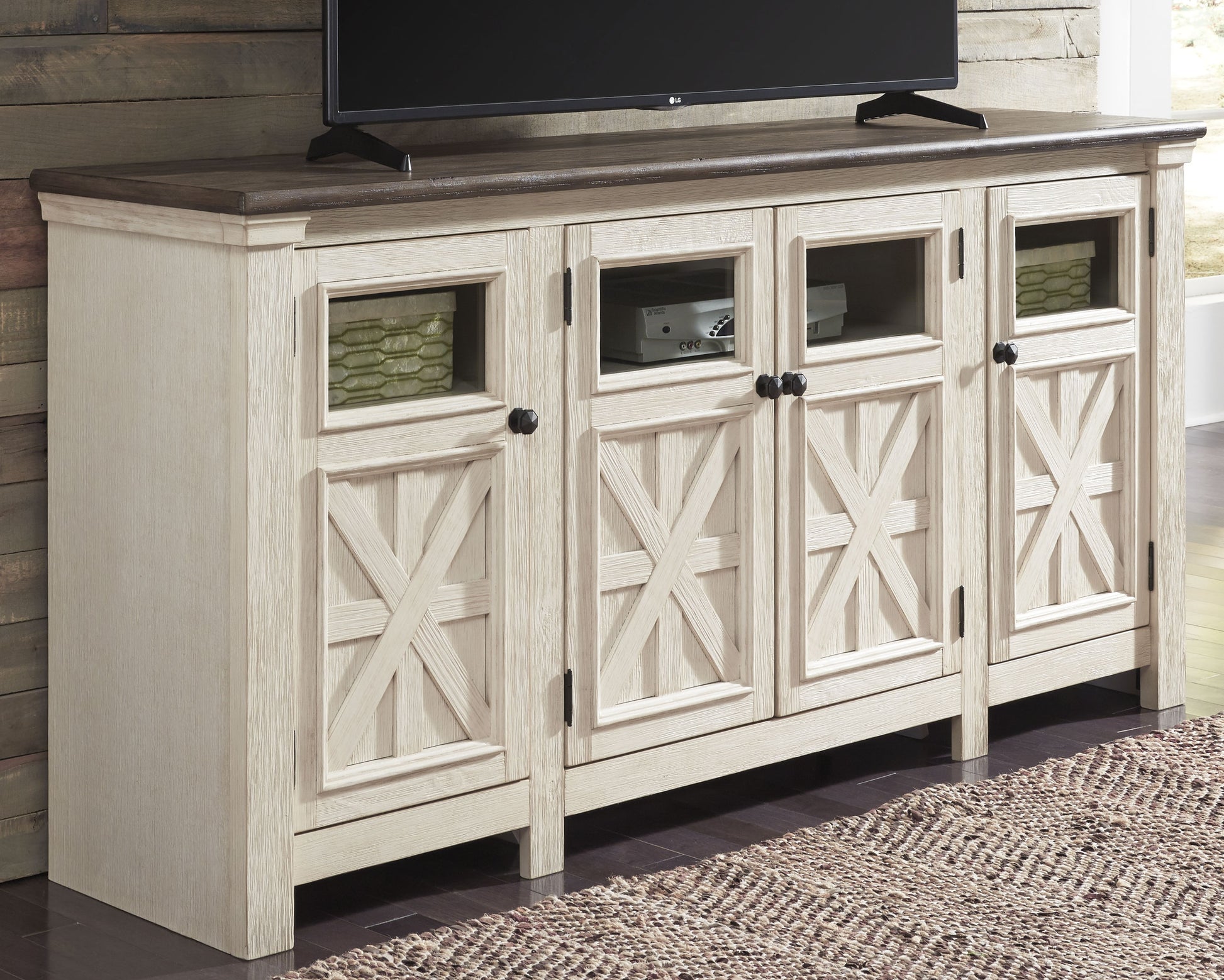 Cassel Furniture Outlet - Ashley Furniture - Bolanburg 74" TV Stand - 74" / White/Weathered Gray - W647-60